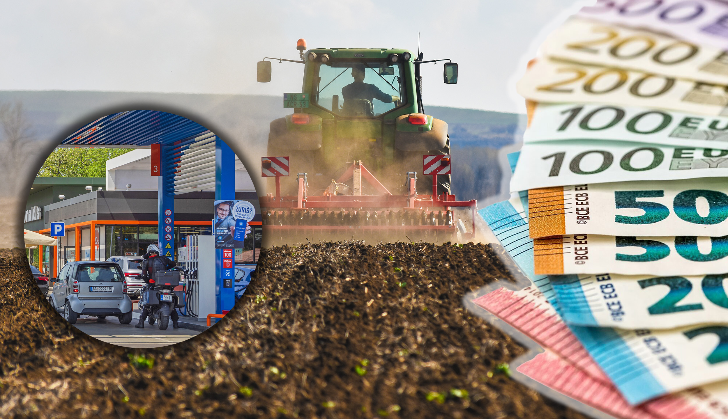 traktor na njivi (kombajn kako ore njivu), benzinska pumpa, gorivo, evri kombo