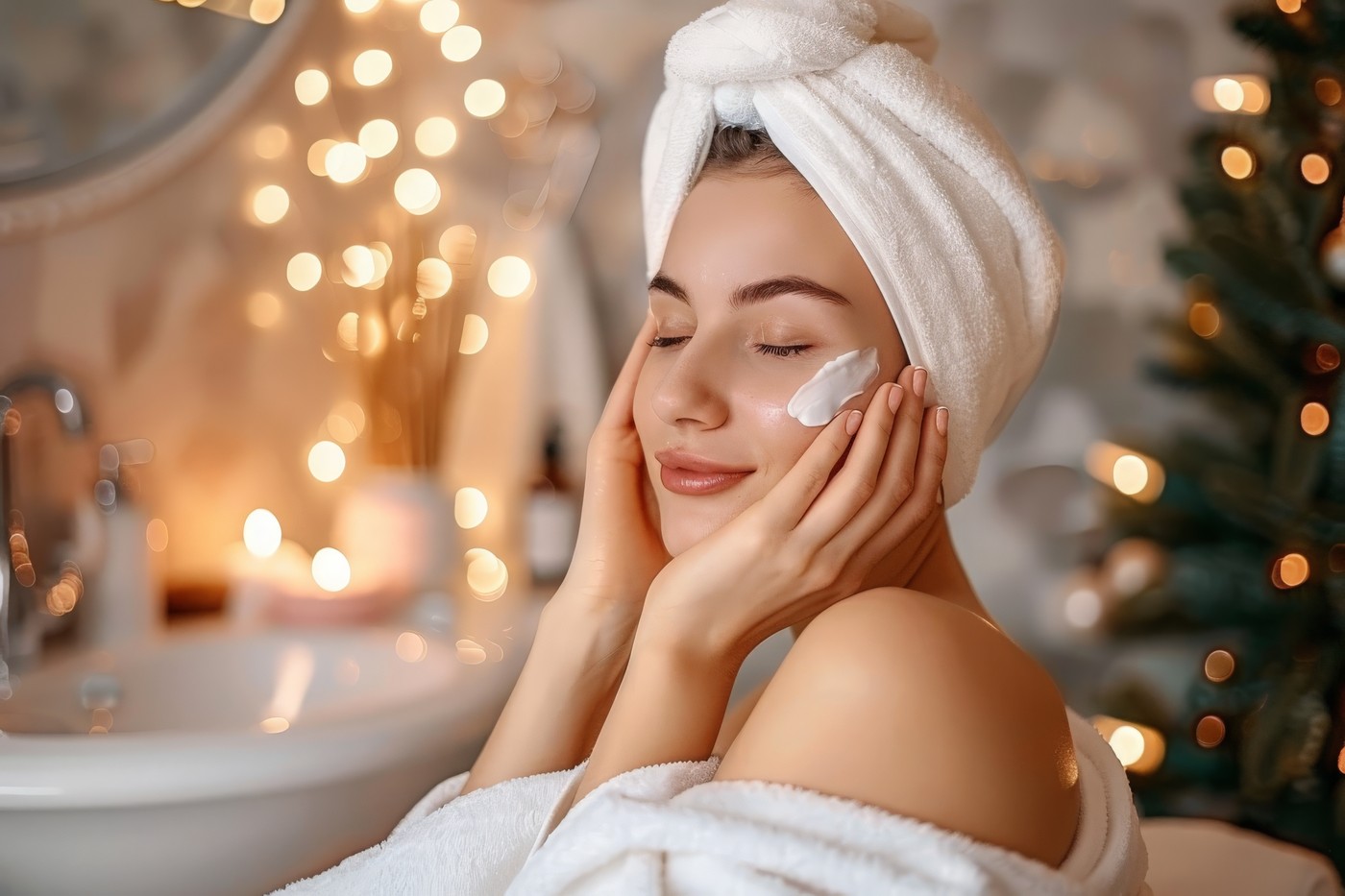 A woman,  wrapped in a white robe and towel,  applies face cream in her bathroom,  bathed in warm,  golden light.,Image: 878405539, License: Royalty-free, Restrictions: , Model Release: no, Credit line: Hugo Gonçalves / Panthermedia / Profimedia