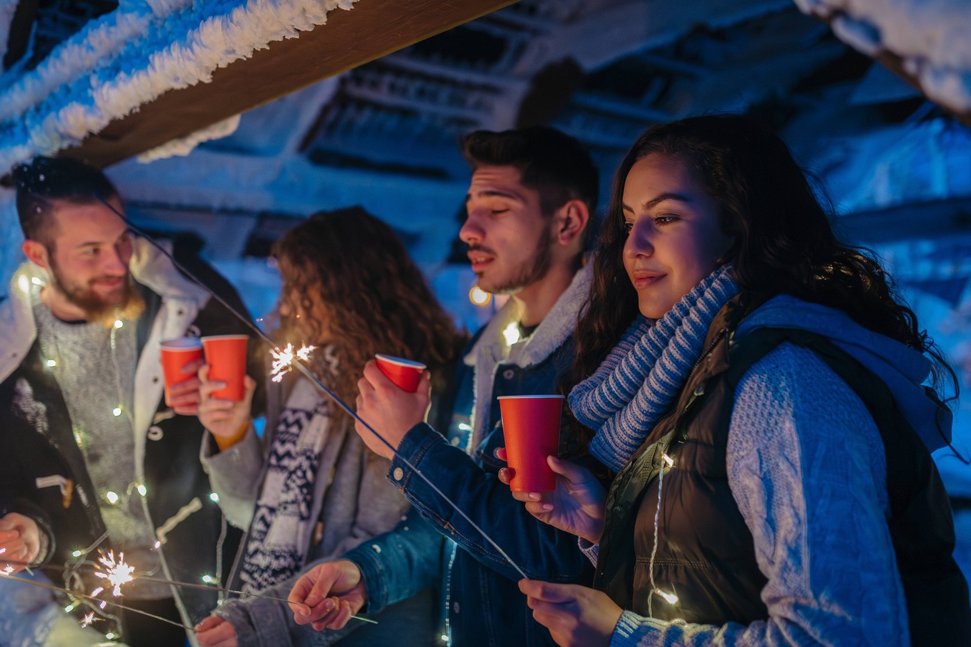 New Year celebration with friends in mountain cabin.