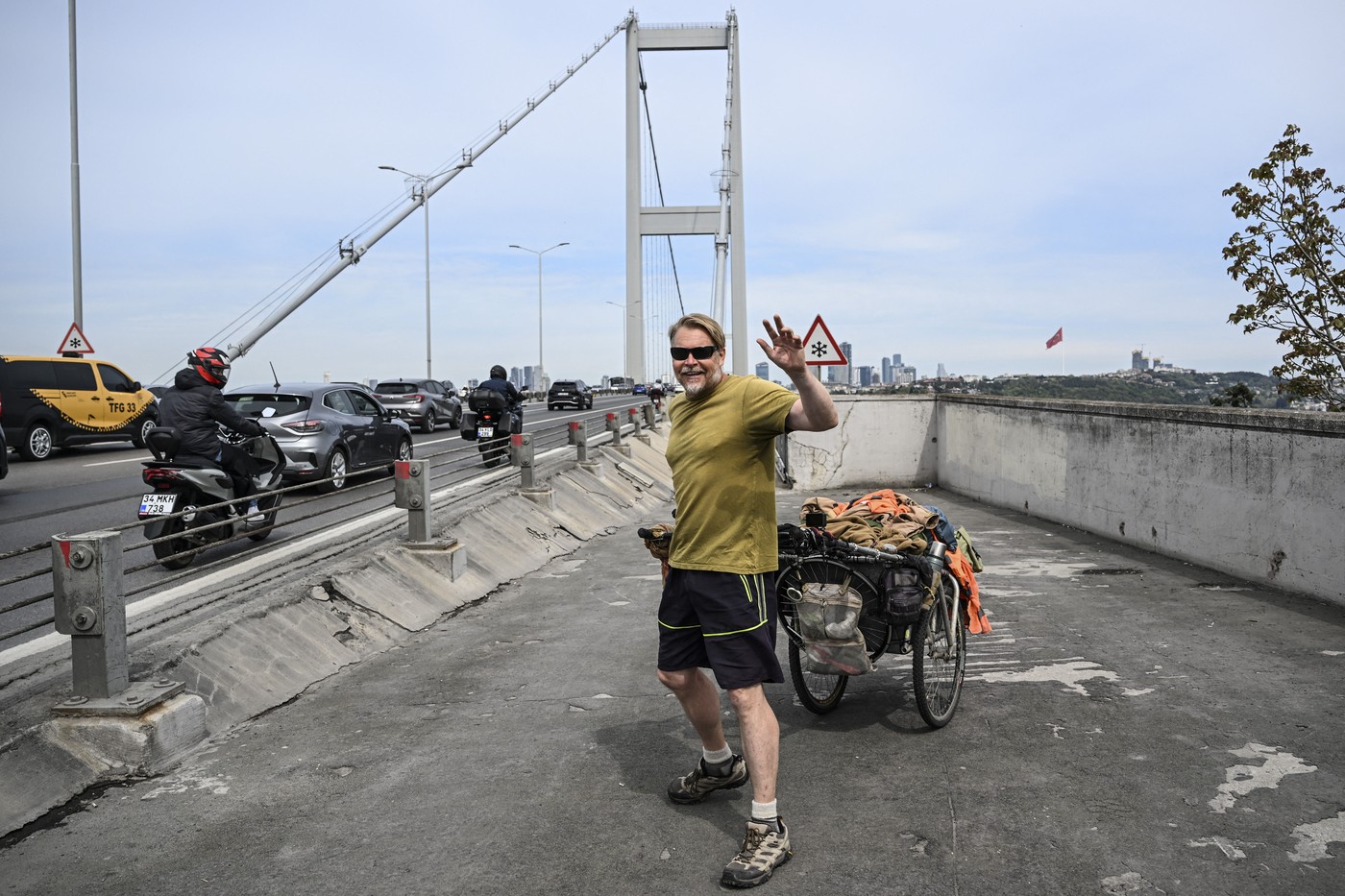 British traveler Bushby crossed Europe by walking across the July 15 Martyrs Bridge in Istanbul
