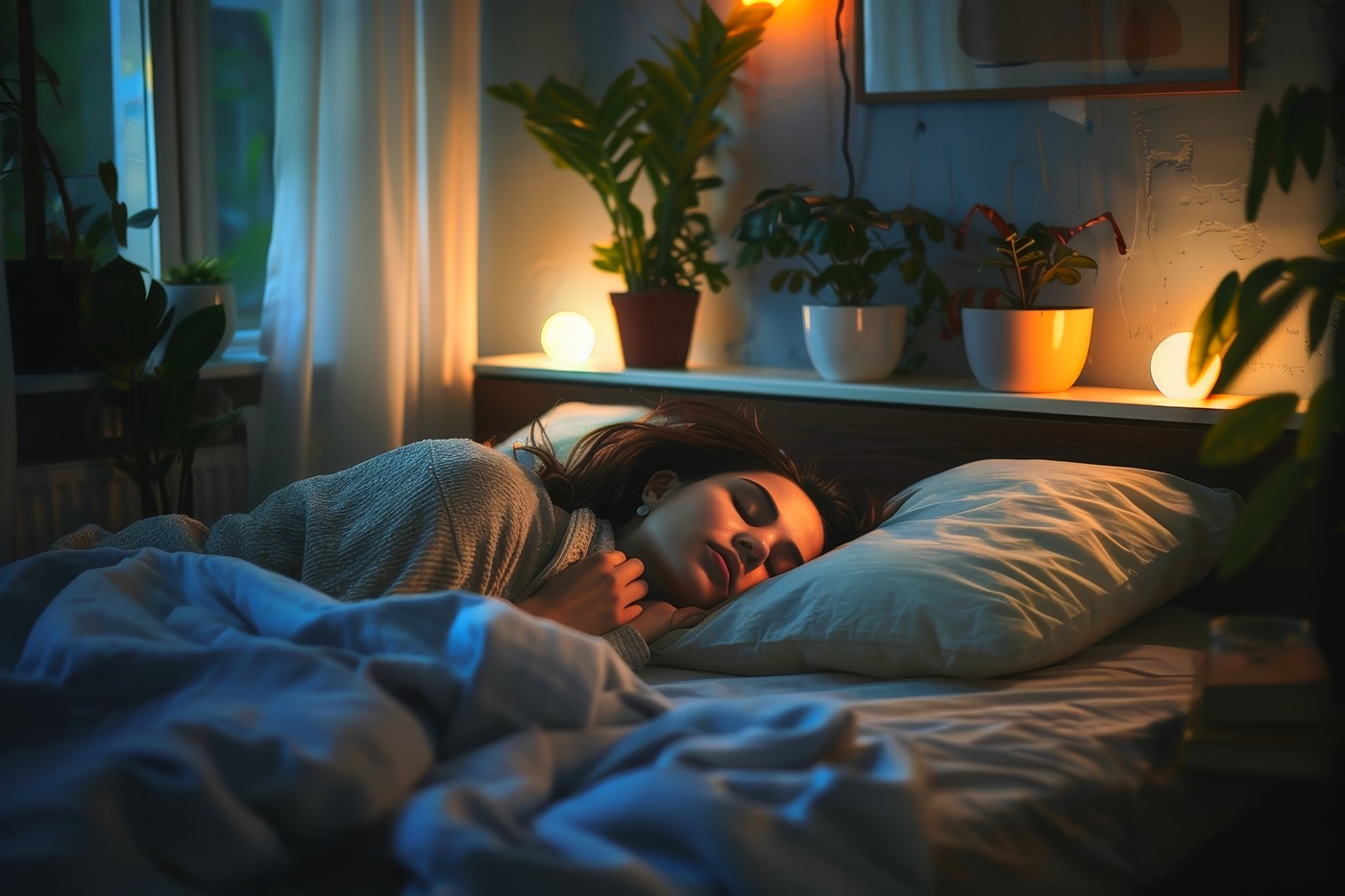 A woman sleeps in her bedroom.