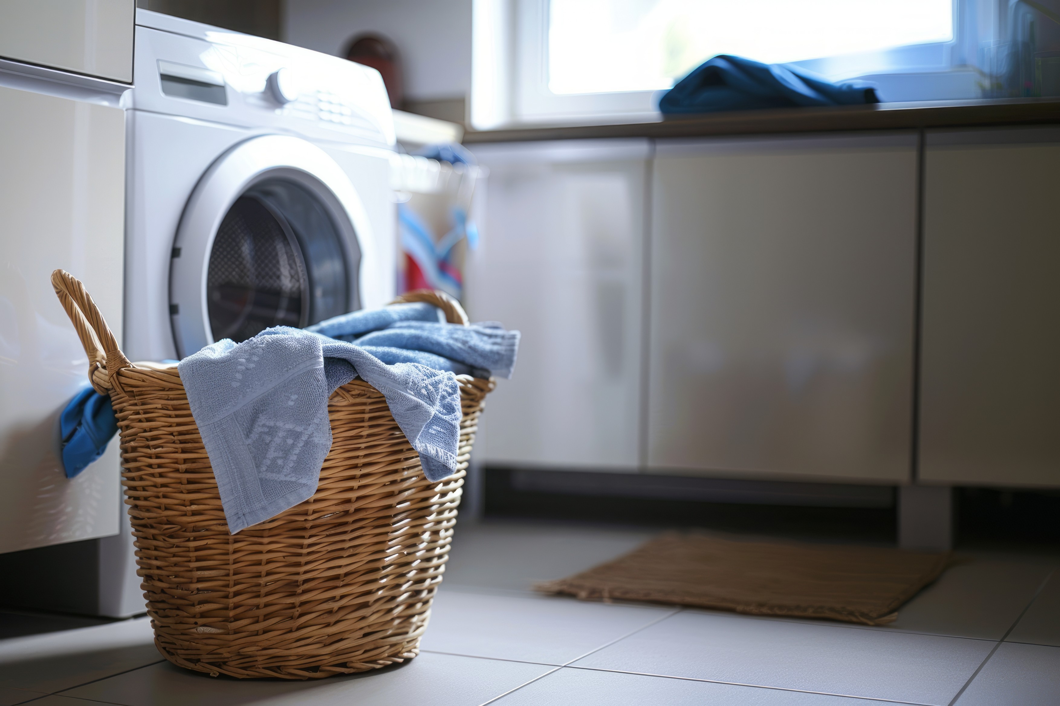 Modern laundry room with a laundry basket with clean clothes next to a white washing machine.