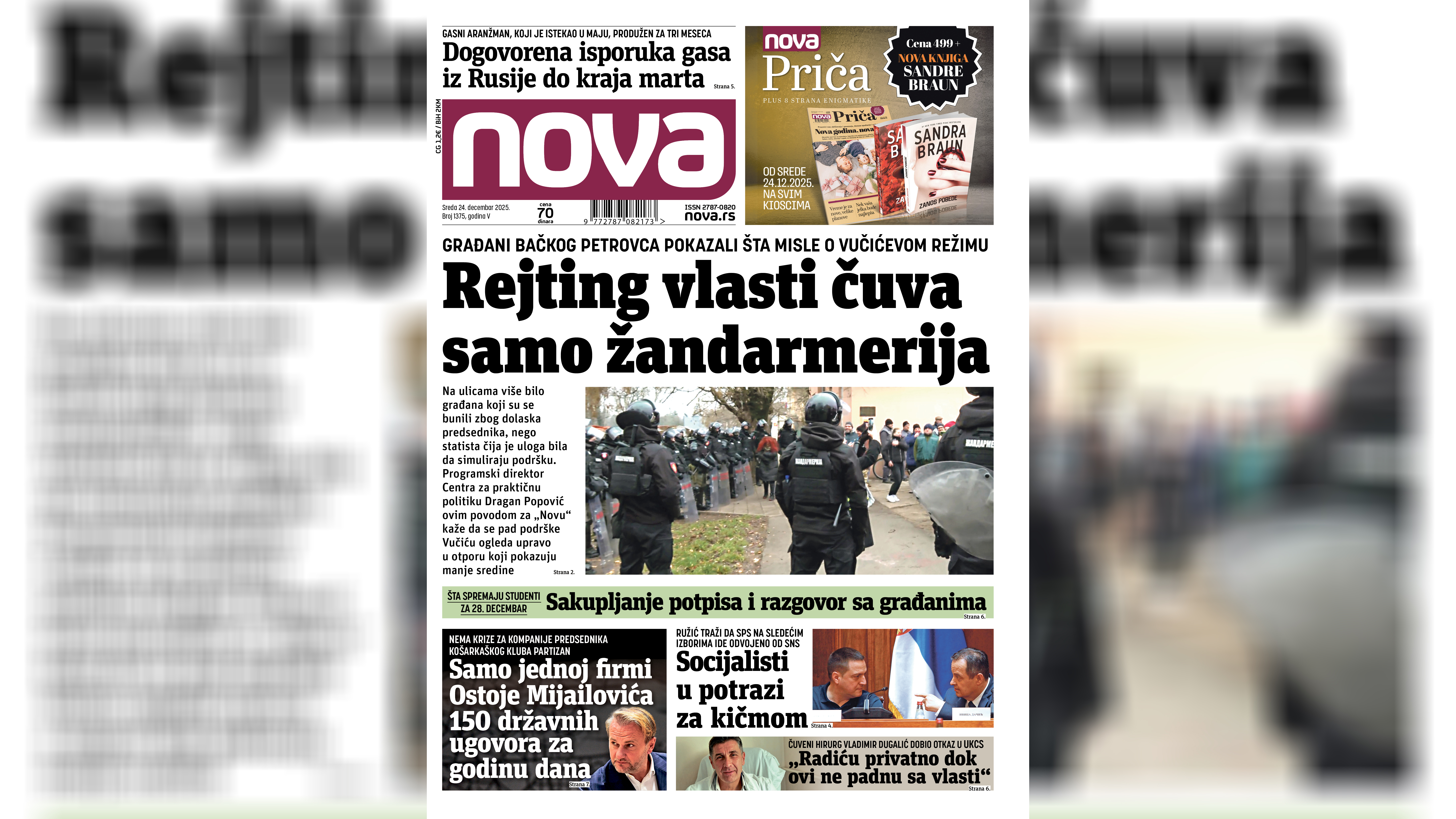 Nova, naslovna za sredu 24. decembar 2025. broj 1375, dnevne novine Nova, dnevni list Nova, naslovna strana Foto: Nova.rs