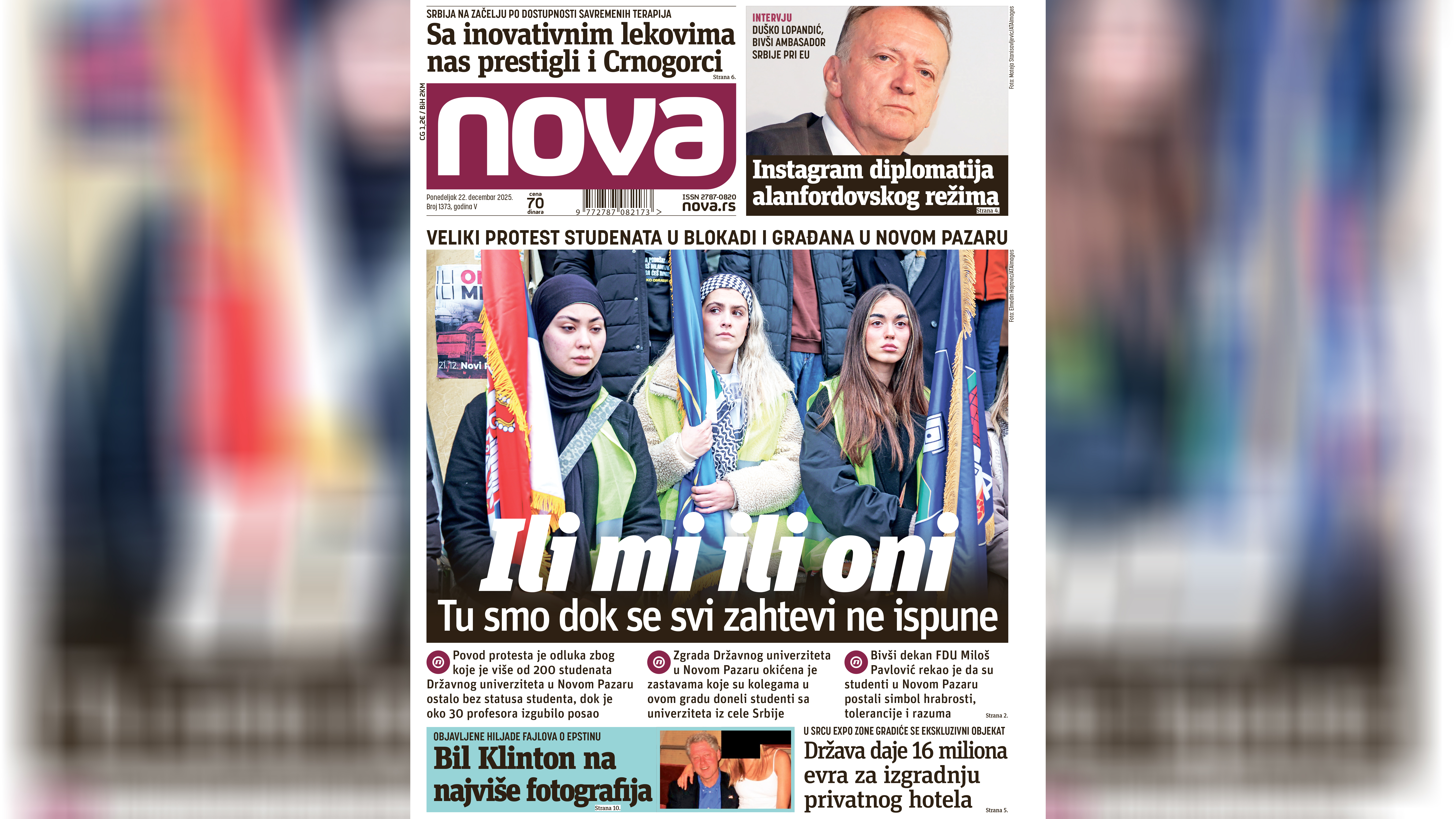 Nova, naslovna za ponedeljak 22. decembar 2025. broj 1373, dnevne novine Nova, dnevni list Nova, naslovna strana Foto: Nova.rs