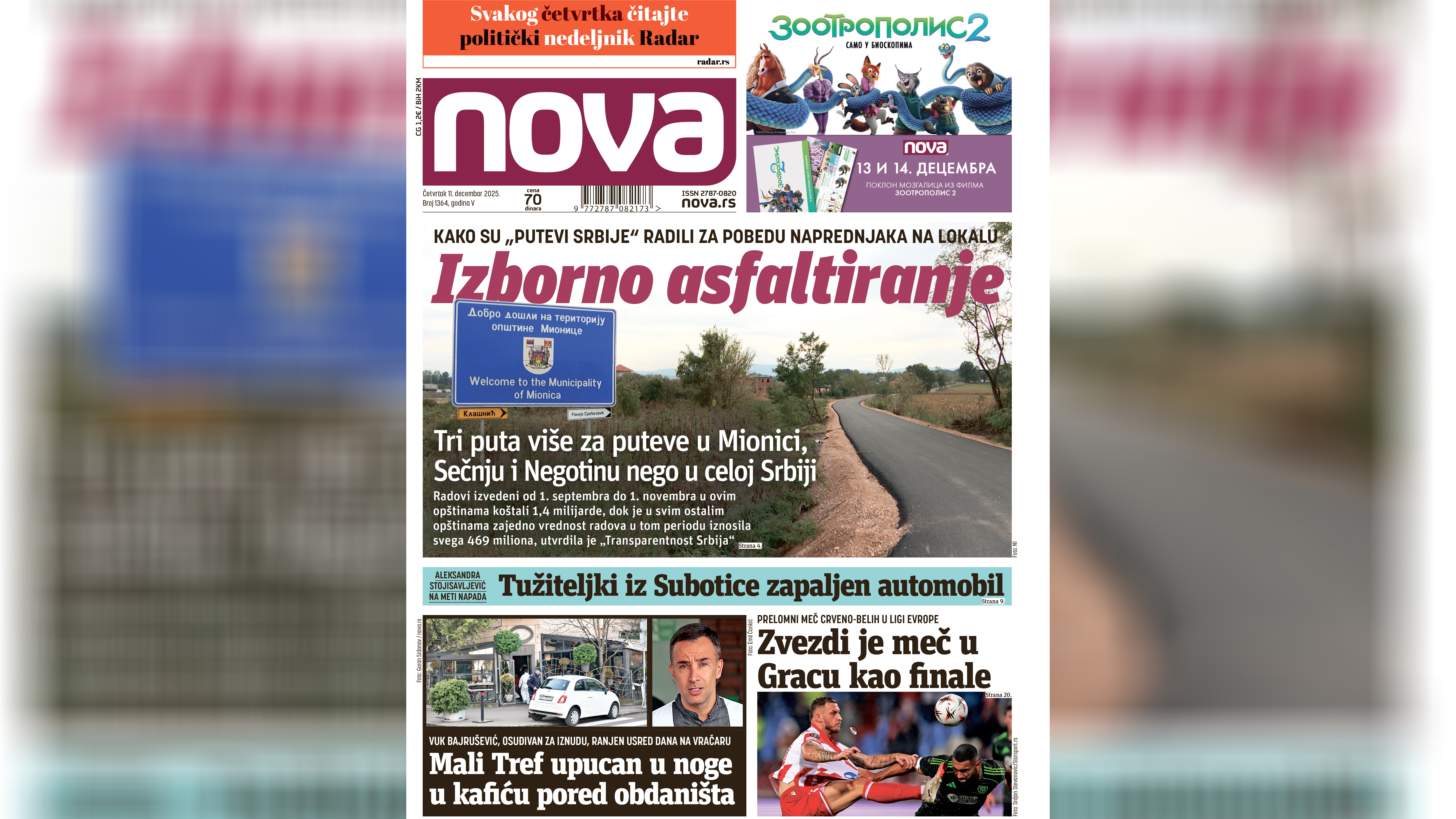 Nova, naslovna za četvrtak 11. decembar 2025. broj 1364, dnevne novine Nova, dnevni list Nova, naslovna strana Foto: Nova.rs
