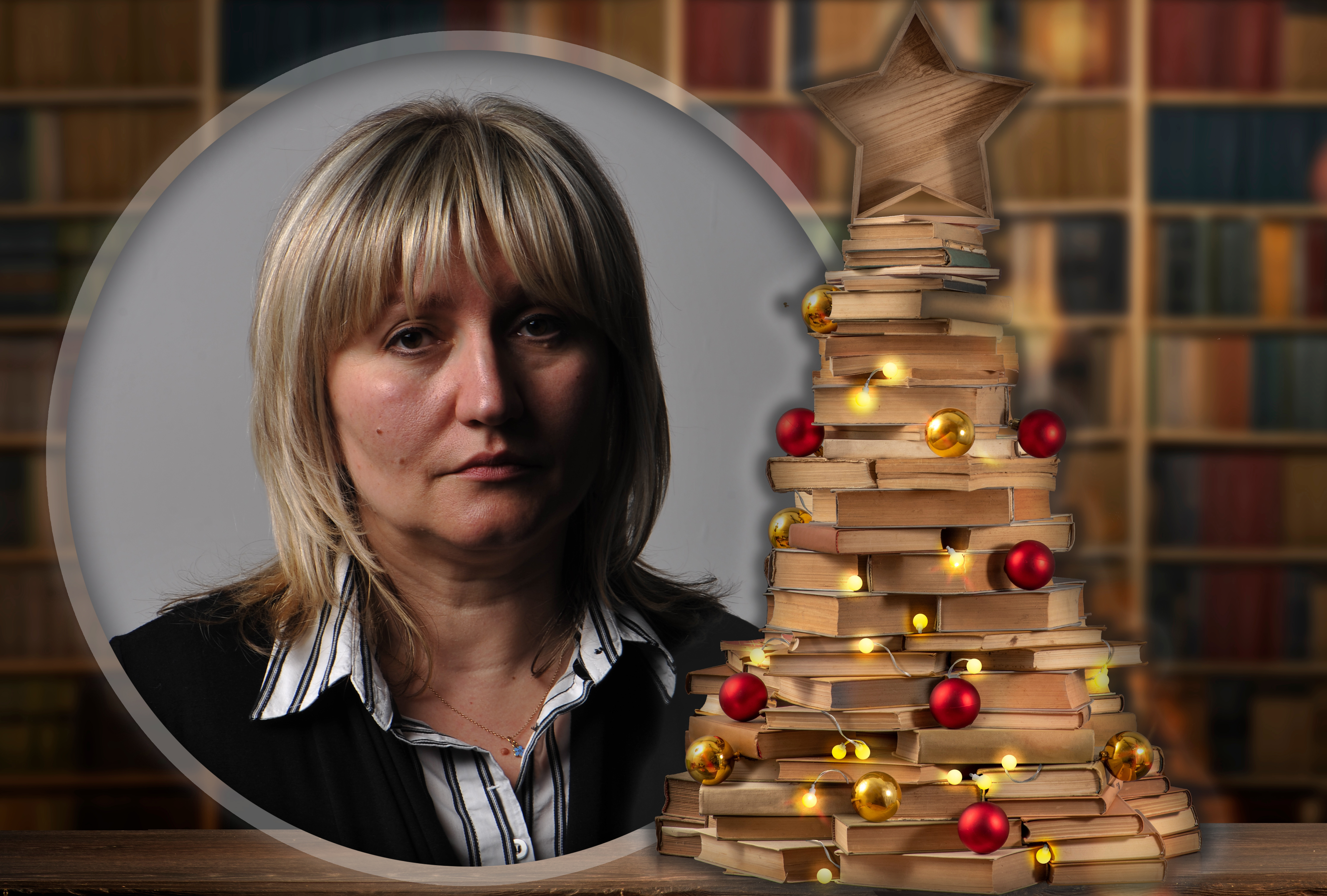 Christmas Tree from old books, lights, balls. New Year in the library with stacks of books, bookshelves. Literature for winter evenings during the holidays. Vladislava Gordic knjige