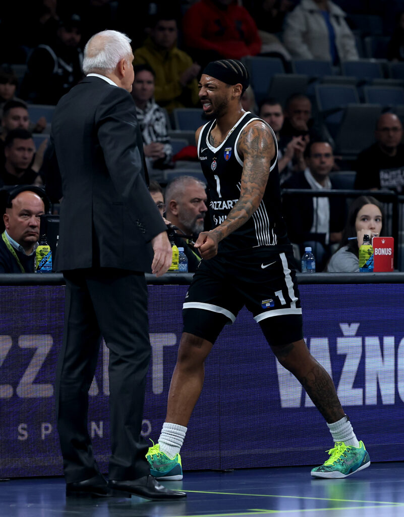 Belgrade, Serbia. 20th Oct, 2025. Partizan's Miikka Muurinen warms up prior to the ABA league basketball match between Partizan and FMP on October 20. 2025. in Belgrade, Serbia.
(photo by Pedja Milosavljevic/STARSPORT ©)
