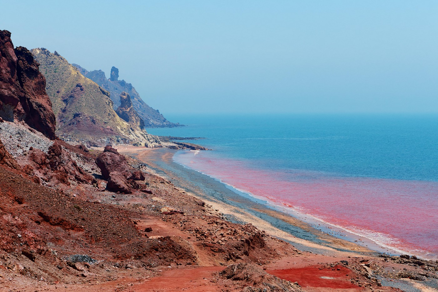 Red beach on the Iranian island of Hormuz, Hormozgan Province, Southern Iran, Colorful soil is a main attraction of the island, located in Hormuz Stra