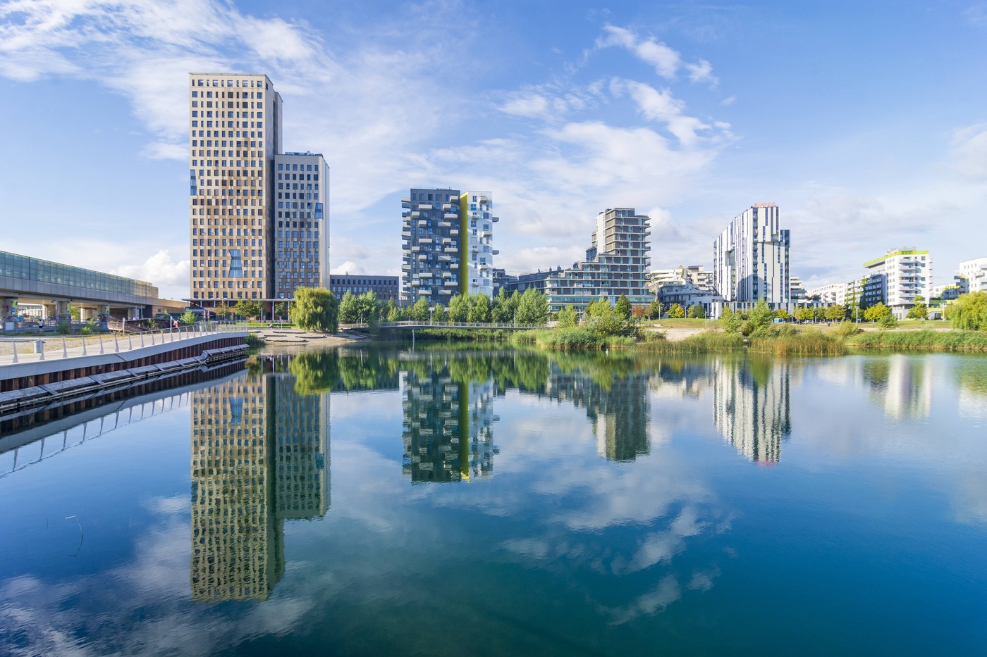 subway line U2, urban development area Seestadt Aspern, HoHo wood-hybrid high-rise, pond Asperner See Vienna 22. Donaust