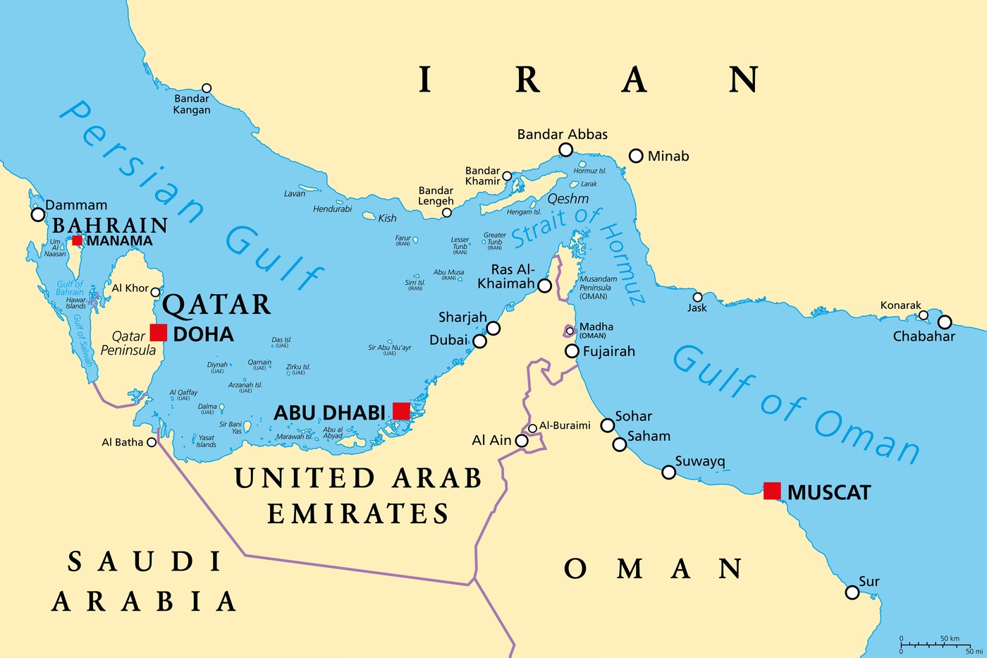 Strait of Hormuz, political map. Waterway between Persian Gulf and Gulf of Oman, a strategically extremely important choke point.