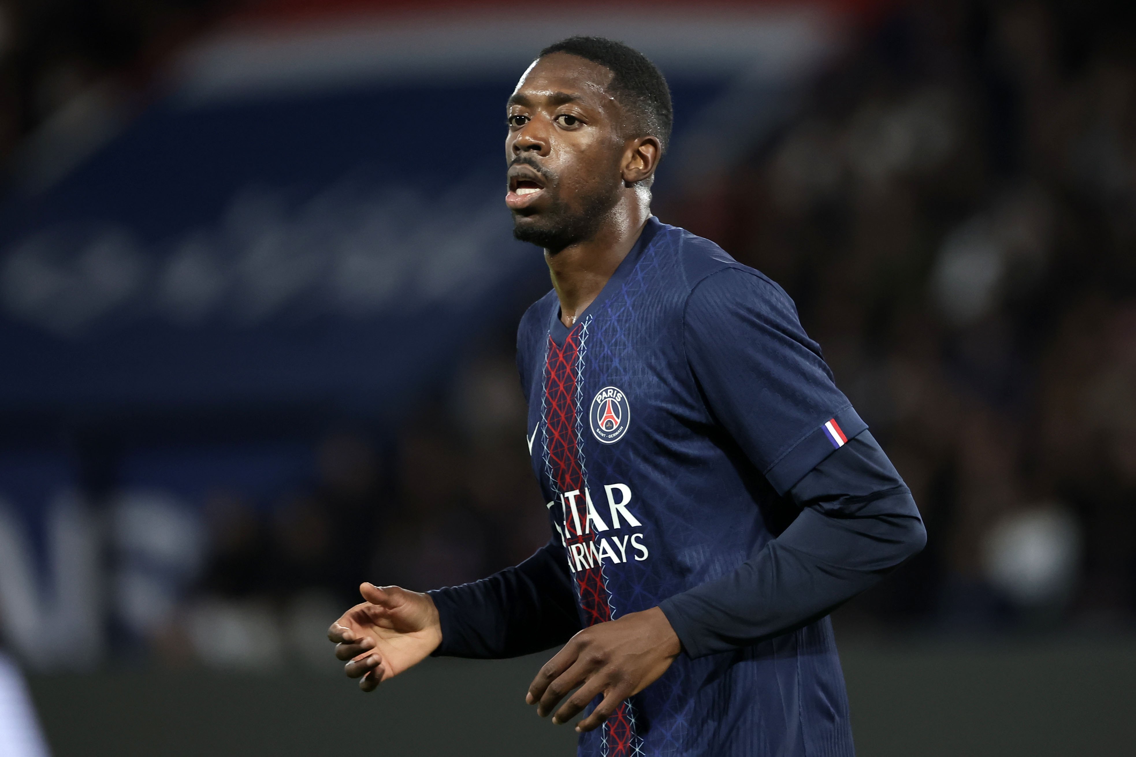 epa12497591 Ousmane Dembele of PSG looks on during the French Ligue 1 soccer match between Paris Saint-Germain FC and OGC Nice, in Paris, France, 01 November 2025.  EPA/CHRISTOPHE PETIT TESSON