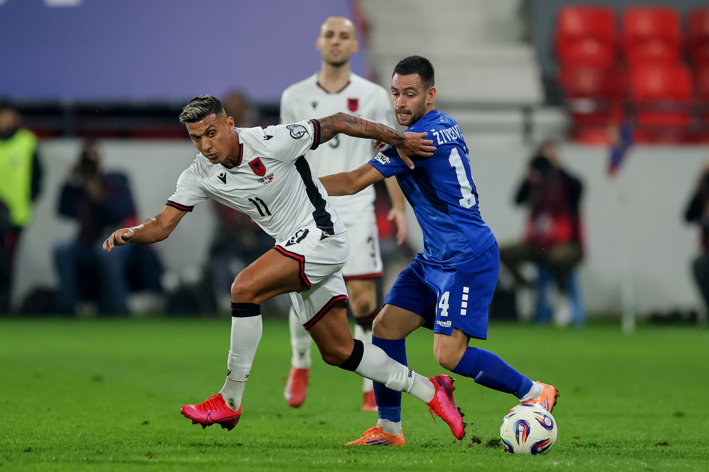 Serbia's Andrija Zivkovic Albania's Myrto Uzuni during the FIFA World Cup 2026 Qualifiers Group K match between Serbia and Albania at Stadium Dubocica on OCtober 11, 2025 in Leskovac, Serbia. (Photo by Srdjan Stevanovic/Starsport.rs ©)