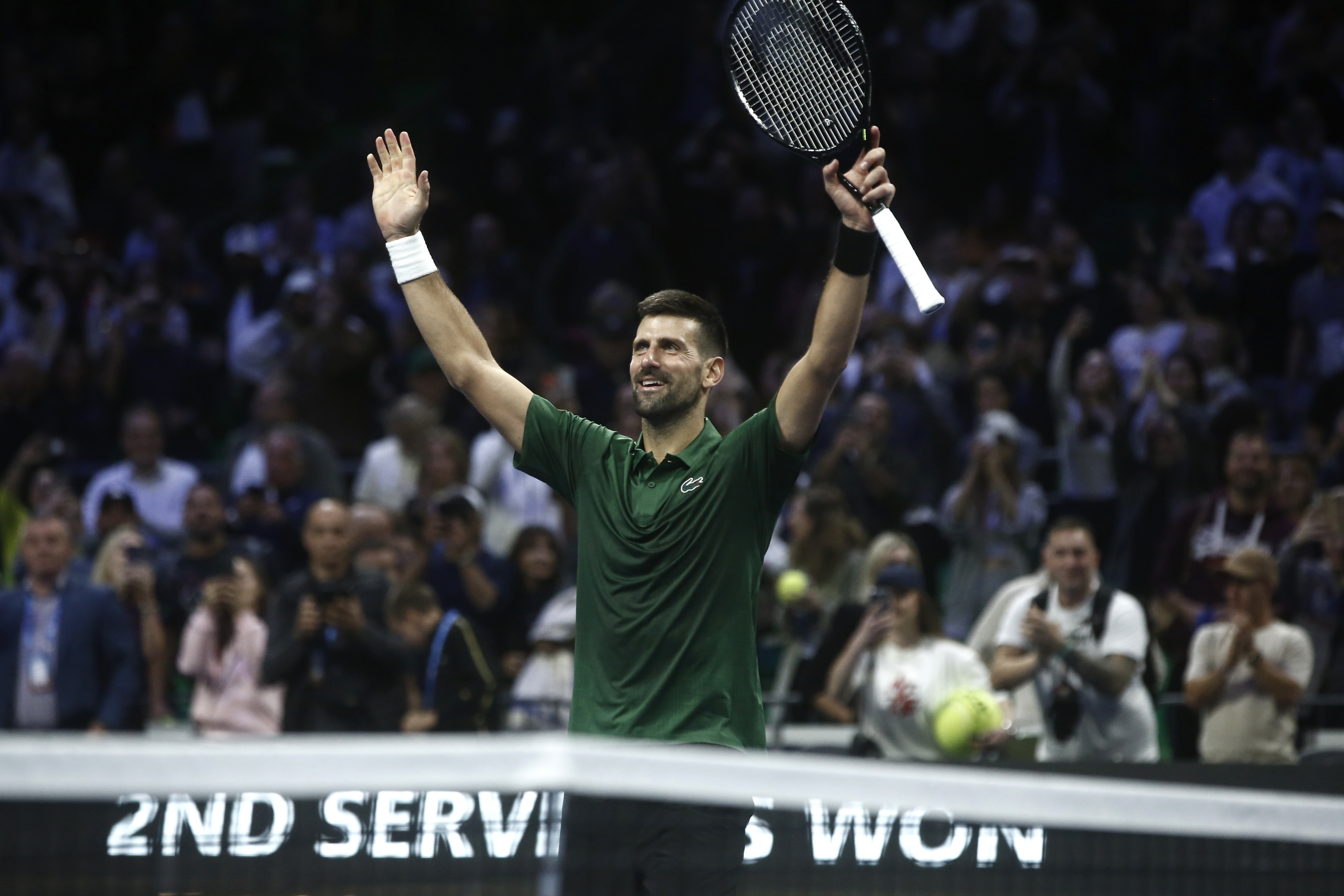 epa12508410 Novak Djokovic of Serbia celebrates after defeating Nuno Borges of Portugal (not pictured) during the Hellenic Championship ATP 250, in Athens, Greece, 06 November 2025.  EPA/YANNIS KOLESIDIS