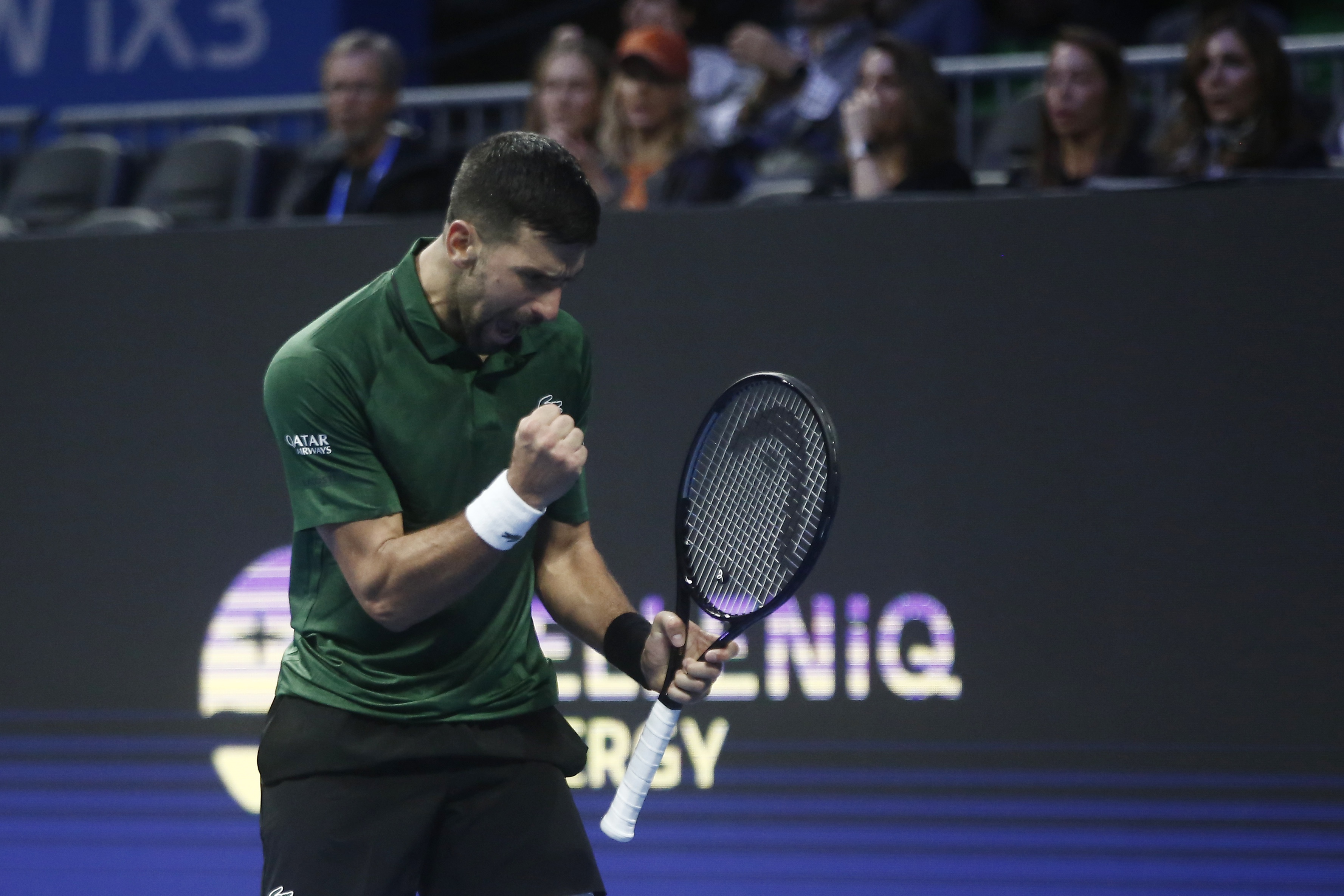 epa12510844 Novak Djokovic of Serbia reacts as he plays against Yannick Hanfmann of Germany (not pictured) during their men's semi-finals match of the ATP Hellenic Championship tennis tournament, in Athens, Greece, 07 November 2025.  EPA/YANNIS KOLESIDIS