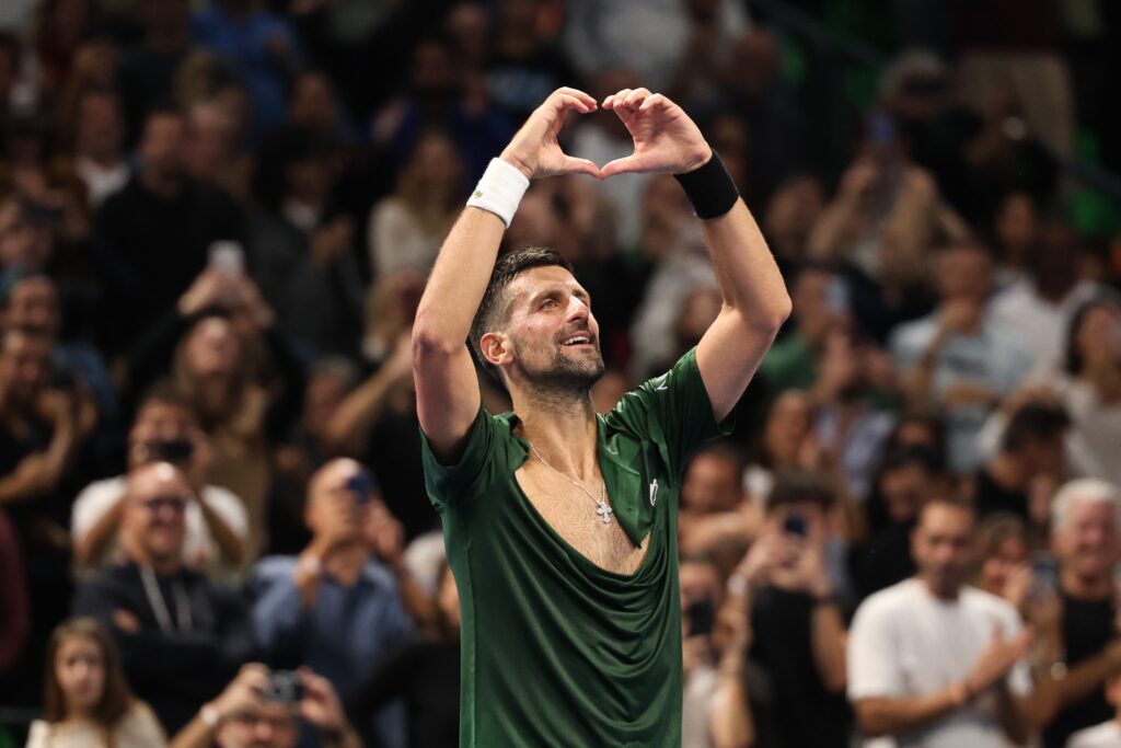 epa12512723 Serbian player Novak Djokovic celebrates after winning the men's finals match against Lorenzo Musetti of Italy at the ATP Hellenic Championship tennis tournament, Athens, Greece, 08 November 2025.  EPA/GEORGE VITSARAS