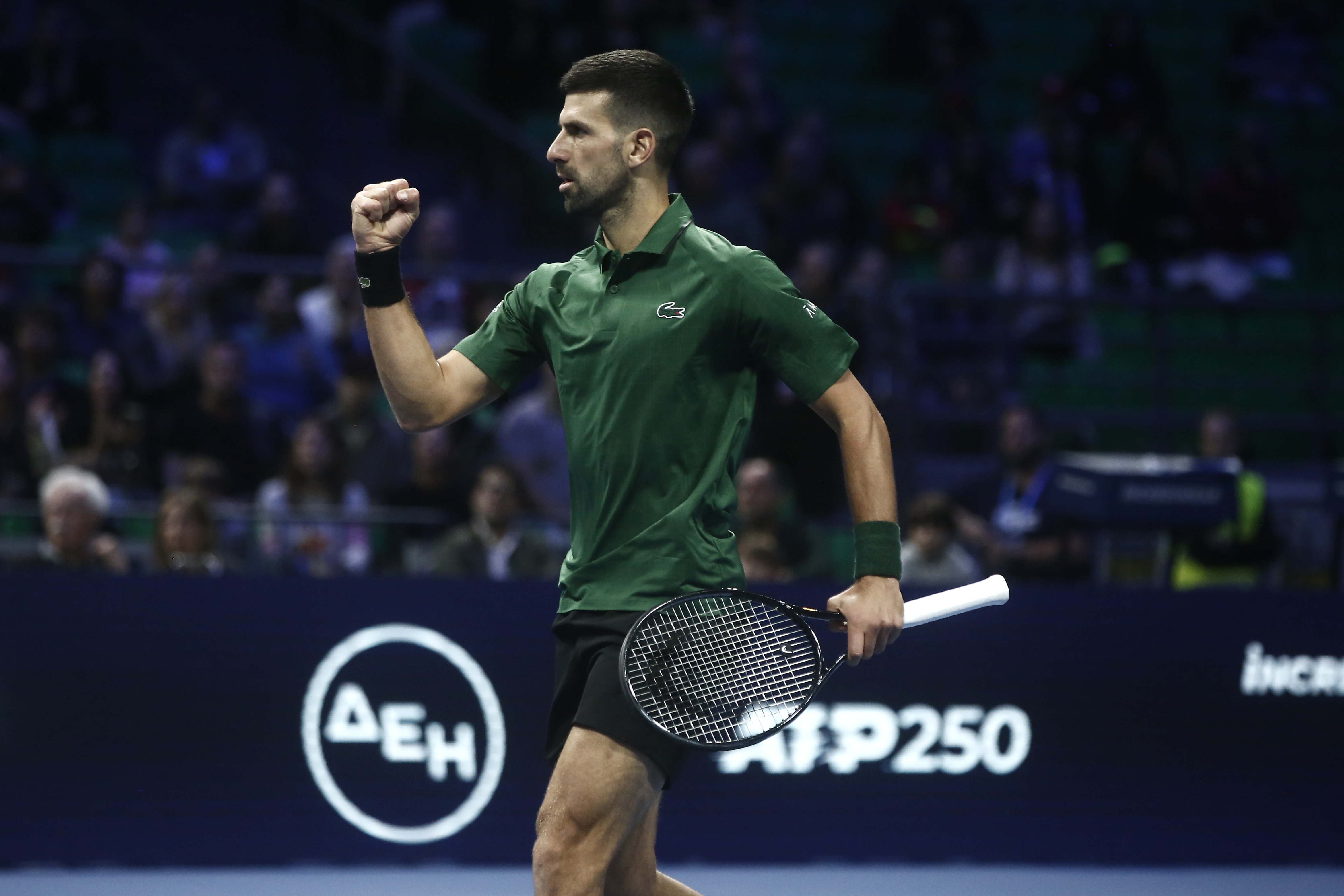 epa12508227 Novak Djokovic of Serbia gestures as he plays against Nuno Borges of Portugal (not pictured) during the Hellenic Championship ATP 250, in Athens, Greece, 06 November 2025.  EPA/YANNIS KOLESIDIS
