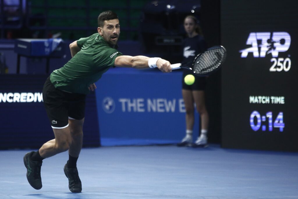 epa12510822 Novak Djokovic of Serbia in action against Yannick Hanfmann of Germany (not pictured) during the men's semi finals match of the ATP Hellenic Championship tennis tournament, in Athens, Greece, 07 November 2025.  EPA/YANNIS KOLESIDIS