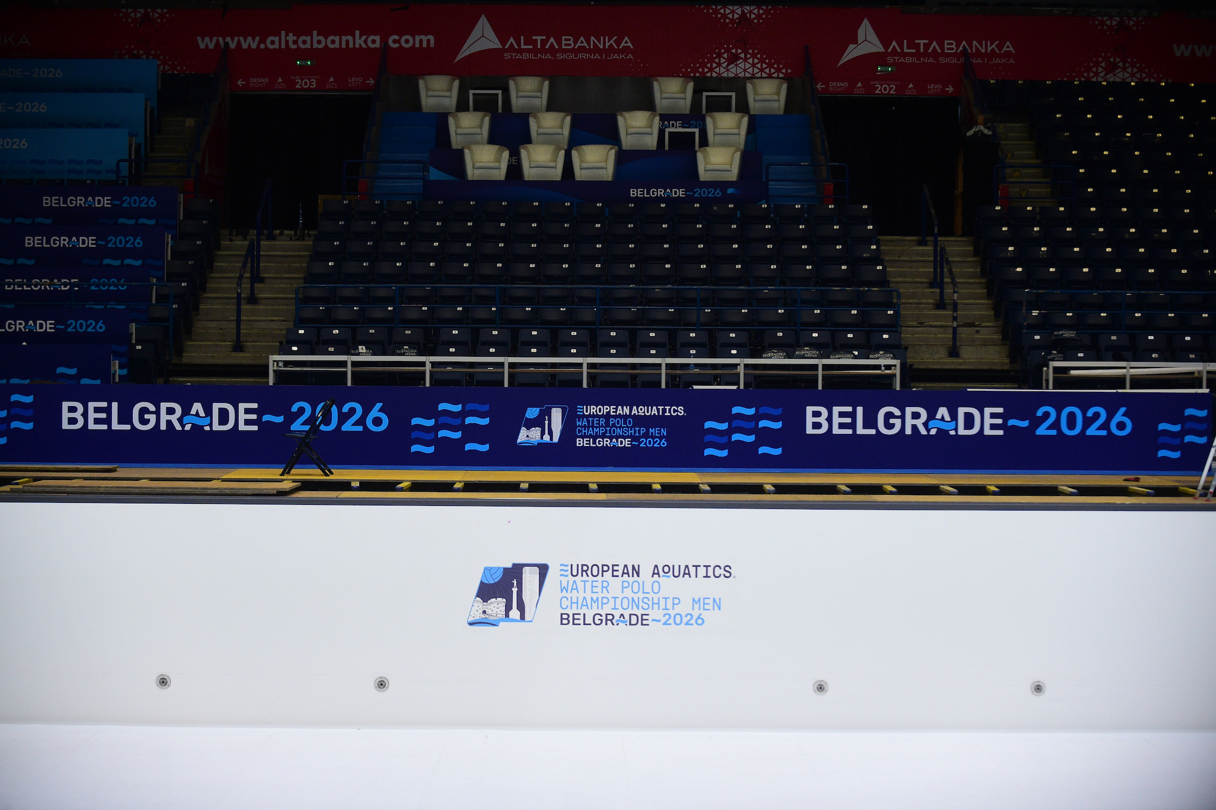 Preparation for the cermony of filling a temporary pool built in Belgrade Arena for European Aquatics mens Waterpolo championship that will be held in Belgrade from 10-25.01.2026. Serbia 03.01.2026. (Photo by Dusan Milenkovic/Starsport.rs ©)