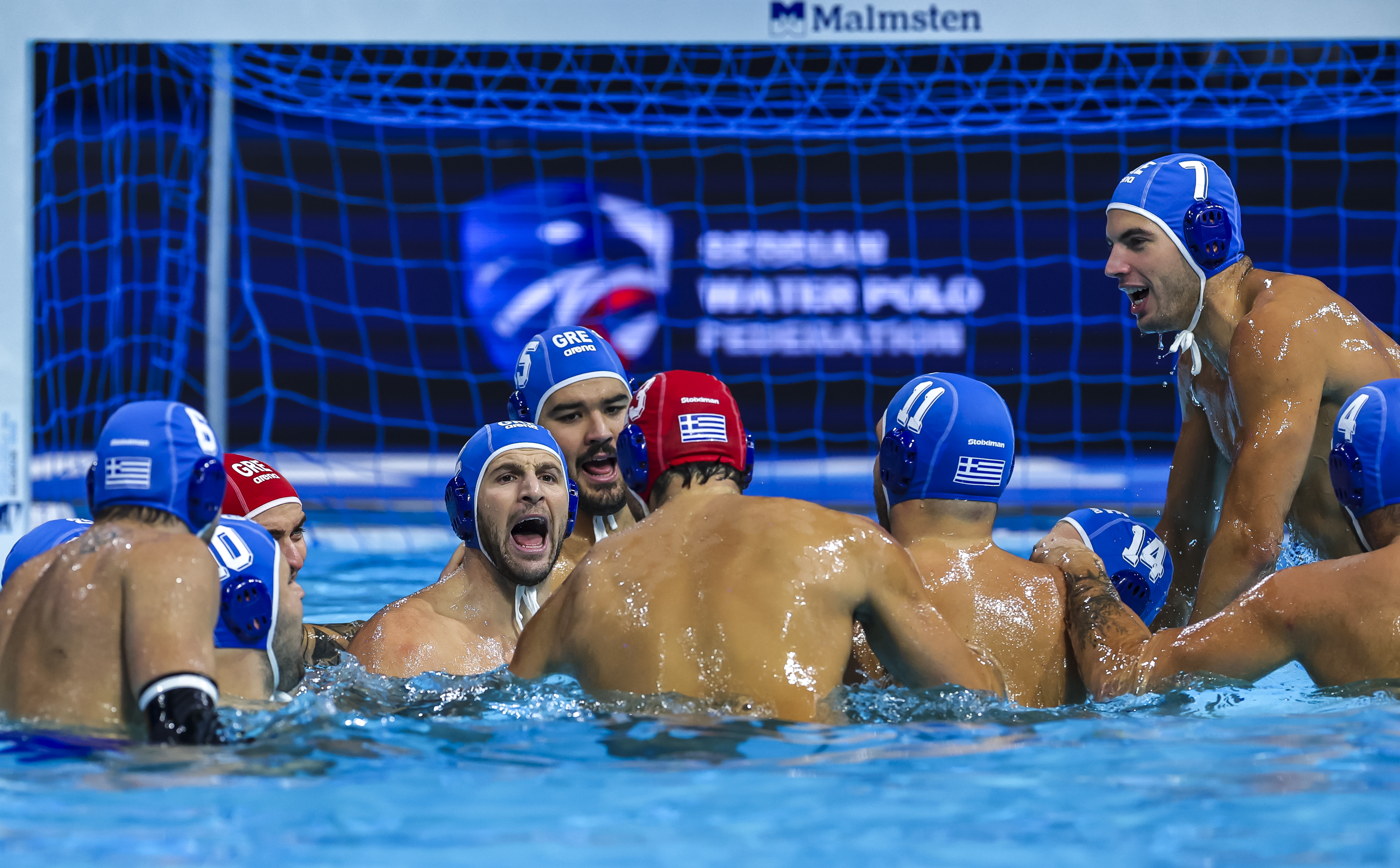BELGRADE, SERBIA - JANUARY 13: Players of Greece warm up prior to the European Water Polo Championships 2026 match between Slovenia and Greece at Belgrade Arena on January 13, 2026 in Belgrade, Serbia. (Photo by Srdjan Stevanovic/Getty Images)