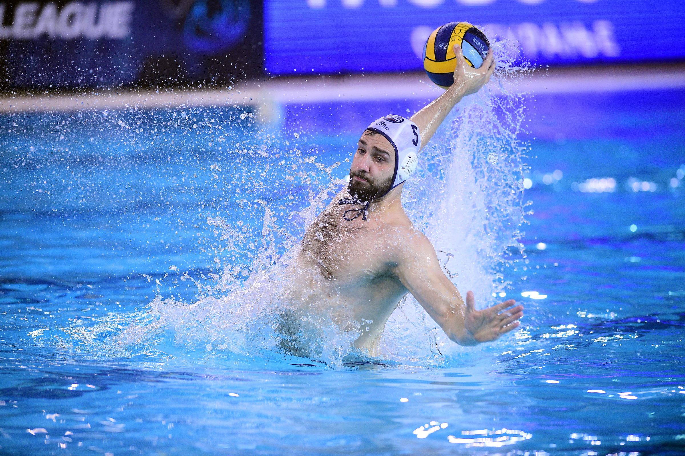 Milos Cuk at LEN waterpolo Champions League 2023/2024 quarterfinal match between VK Novi Beograd and  PRO RECCO, played at sc 11 April on 02.04.2024 in Belgrade, Serbia. (Photo by Dusan Milenkovic/Starsport.rs ©)