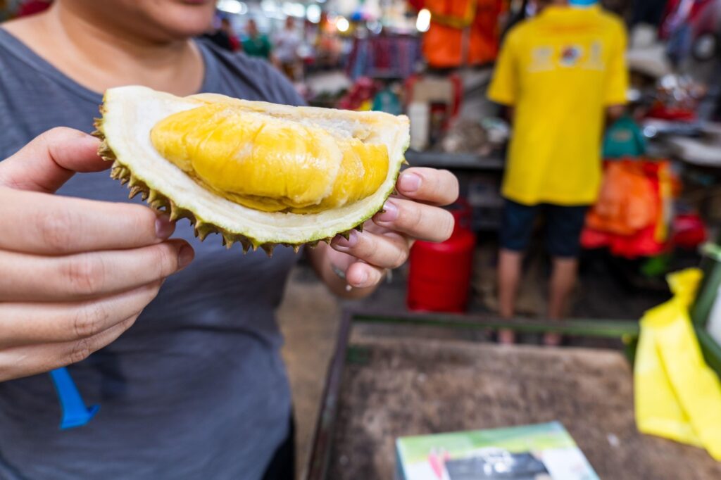 Durian fruit meat close-up in Asia. The durian is the edible fruit of several tree species belonging to the genus Durio,Image: 979253290, License: Royalty-free, Restrictions: , Model Release: no, Credit line: Marius Karp / Alamy / Profimedia