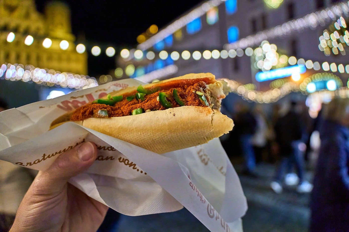 Augsburg, Bavaria, Germany - December 5, 2024: Augsburg, Bavaria, Germany - December 5, 2024: Vegan Bosna, or bratwurst