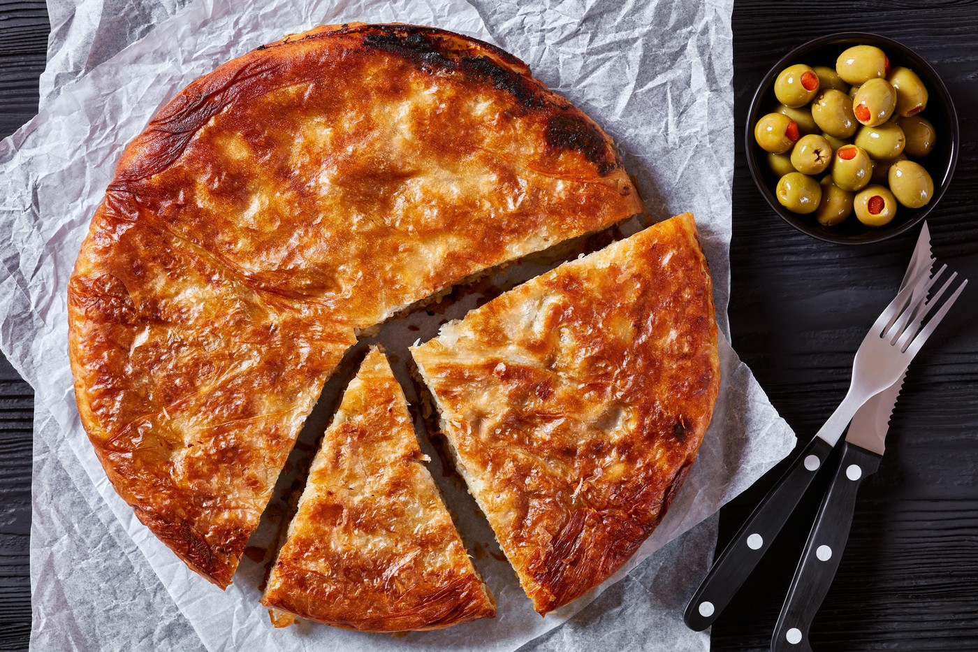 Borek is a savory phyllo pastry pie with stewed meat fillings, mediterranean cuisine