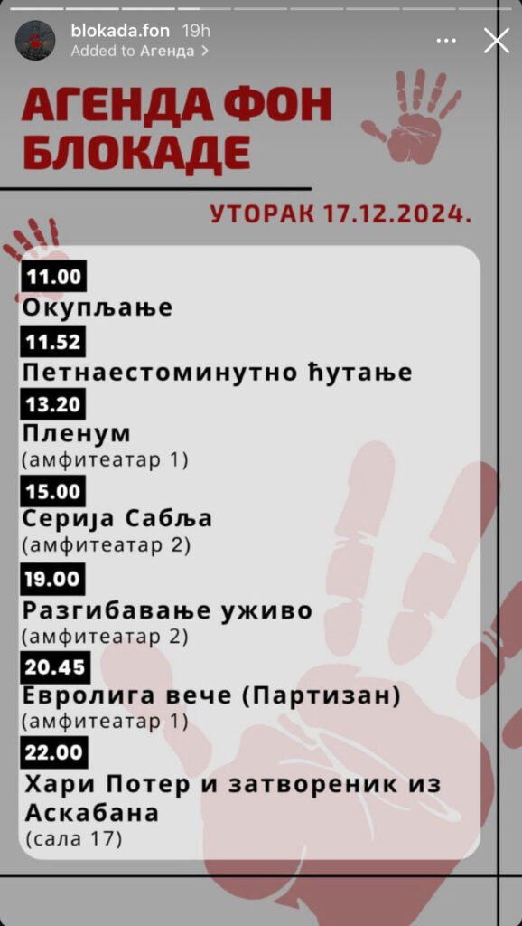 Agenda FON blokade Foto: Instagram/blokada.fon