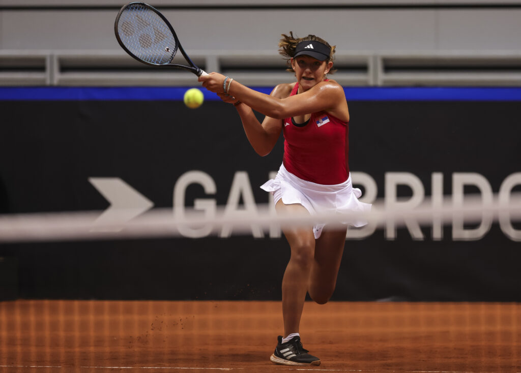 during the Billy Jean King Cup match between Mia Ristic of Serbia and Elena Gabriela Ruse of Romania v Romania at Sports Hall Kraljevo on November 10, 2023 in Kraljevo, Serbia. (Photo by Srdjan Stevanovic/Starsport.rs ©)