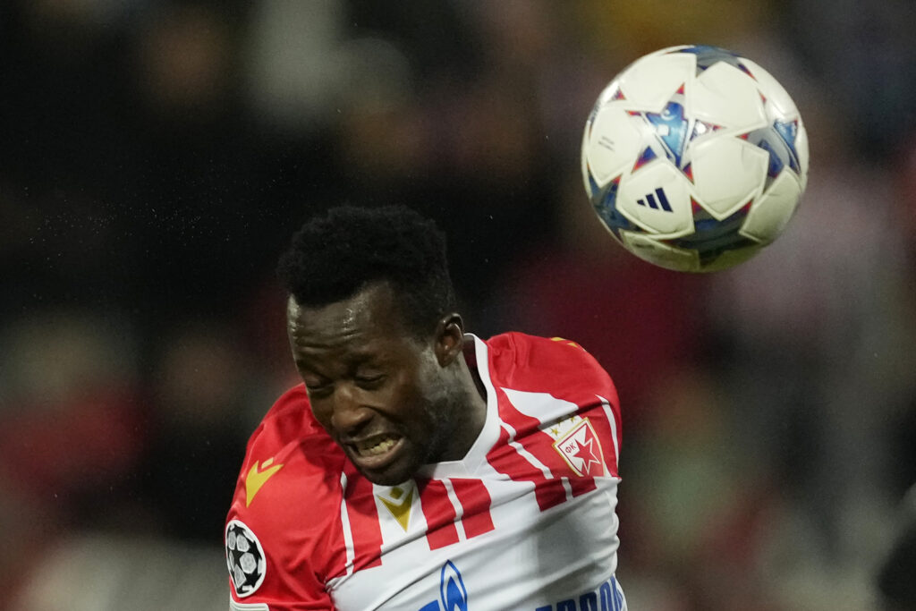 Red Star's Osman Bukari heads the ball during the Group G Champions League soccer match between Red Star Belgrade and RB Leipzig at the Rajko Mitic Stadium in Belgrade, Serbia, Tuesday, Nov. 7, 2023. (AP Photo/Darko Vojinovic)