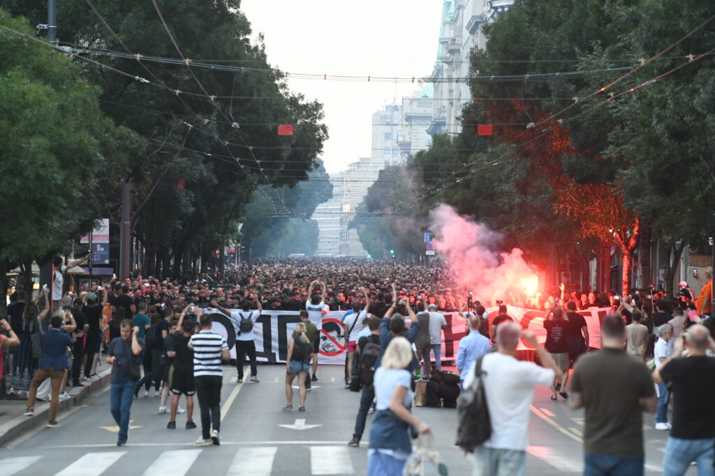 Beograd 31. avgust 2023. Protest navijaca Partizana grobari na Terazijama Foto:Vesna Lalić/Nova.rs