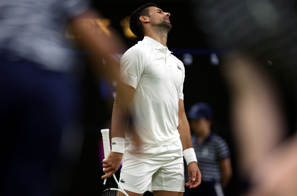 epa10736798 Novak Djokovic of Serbia reacts as he plays Hubert Hurkacz of Poland in the Men's Singles 4th round match at the Wimbledon Championships, Wimbledon, Britain, 09 July 2023.  EPA-EFE/ISABEL INFANTES   EDITORIAL USE ONLY