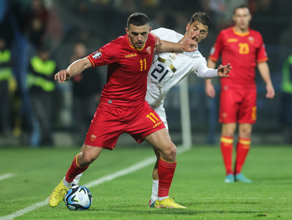 during the  UEFA EURO 2024 Qualifiers Group G match between Montenegro and Serbia at  City Stadium on March 27, 2023 in Podgorica, Montenegro. (Photo by Srdjan Stevanovic/Starsport.rs ©)