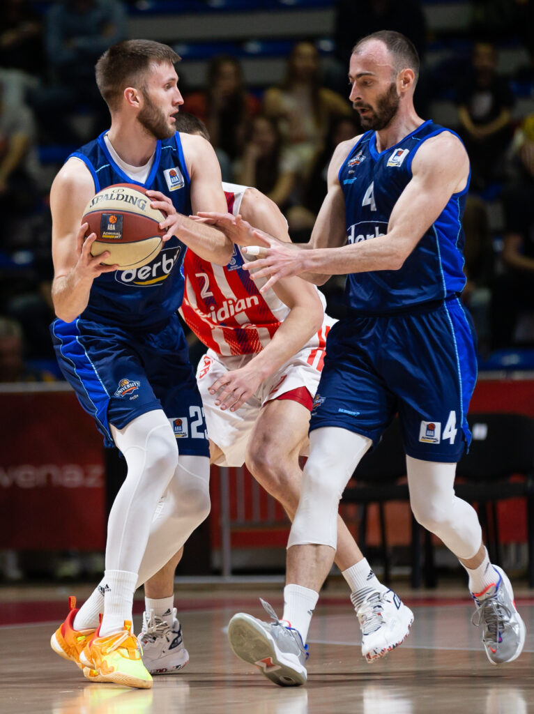 during the 2022/2023 Aba League match between Crvena Zvezda mts Belgrade and SC Derby at Aleksandar Nikolic Hall on March 19, 2023 in Belgrade, Serbia. (Photo by Srdjan Stevanovic/Starsport.rs ©)