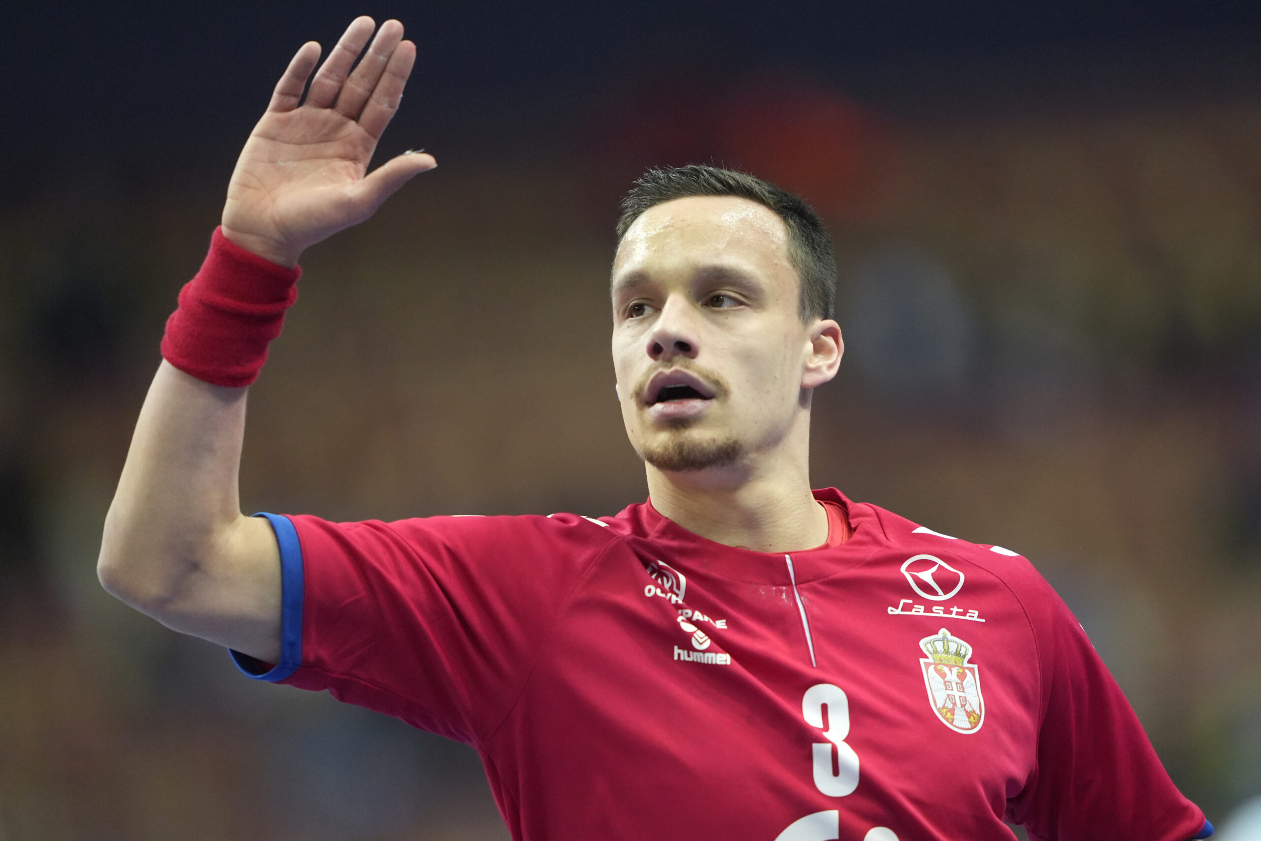 Serbia's Vukasin Vorkapic reacts during the Main Round Group III, Handball World Championship match between Serbia and Argentina in Katowice, Poland, Saturday, Jan. 21, 2023. (AP Photo/Piotr Hawalej)