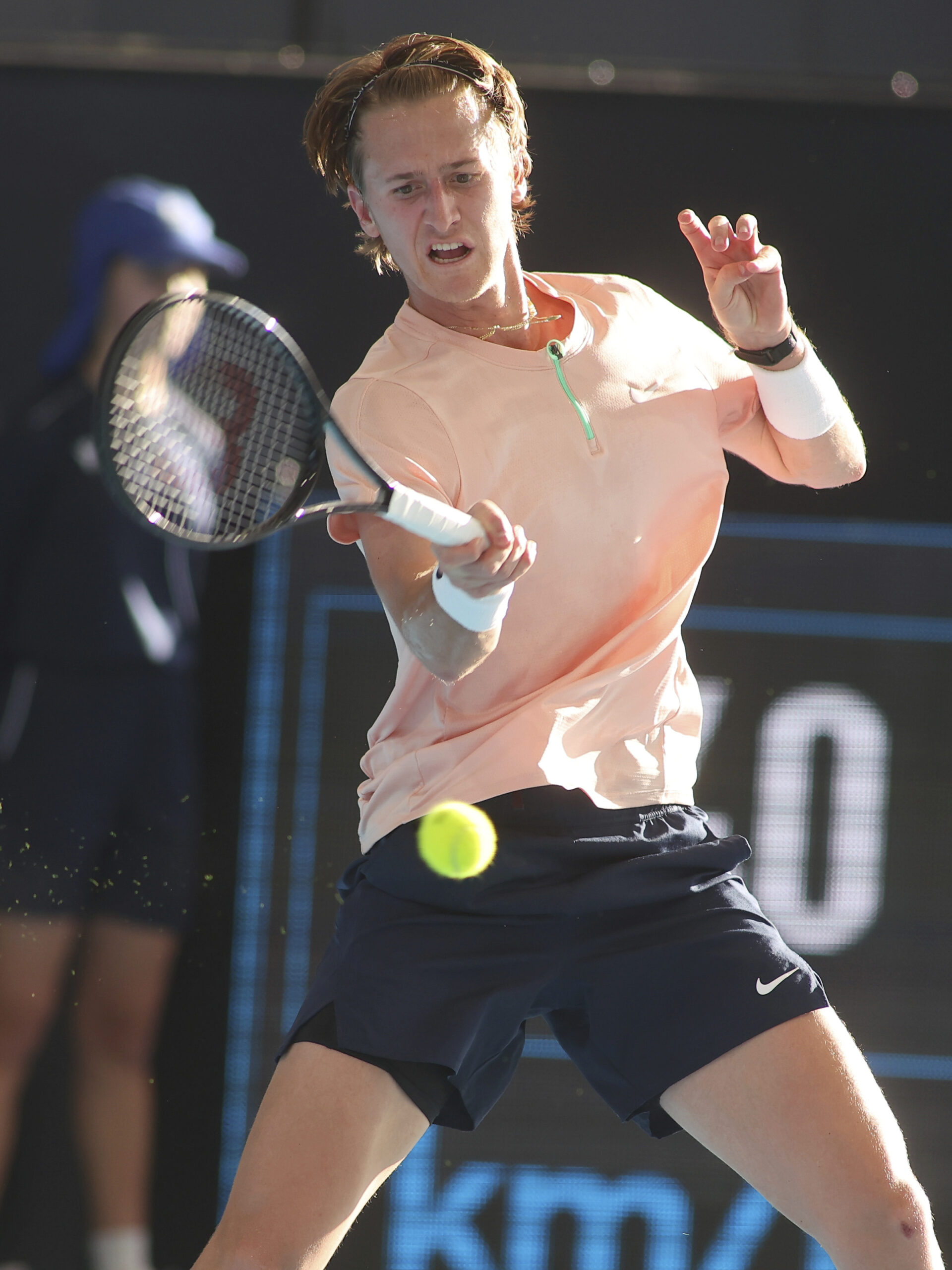 USA's Sebastian Korda makes a forehand return to Serbia's Novak Djokovic during the final of the Adelaide International tennis tournament in Adelaide, Australia, Sunday, Jan. 8, 2023. (AP Photo/Kelly Barnes)