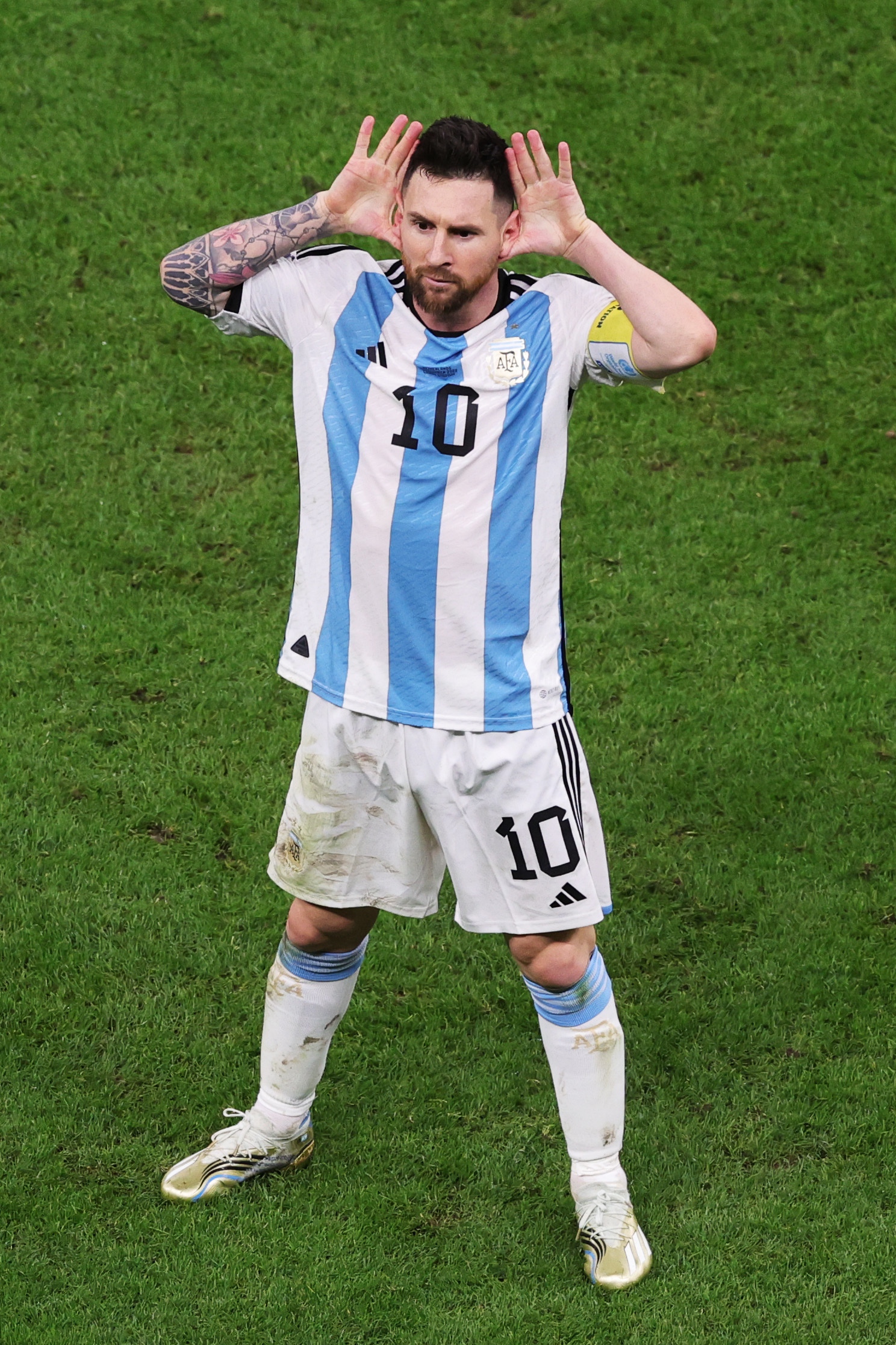 epa10358071 Lionel Messi of Argentina celebrates scoring the 0-2 goal during the FIFA World Cup 2022 quarter final soccer match between the Netherlands and Argentina at Lusail Stadium in Lusail, Qatar, 09 December 2022.  EPA-EFE/Abir Sultan