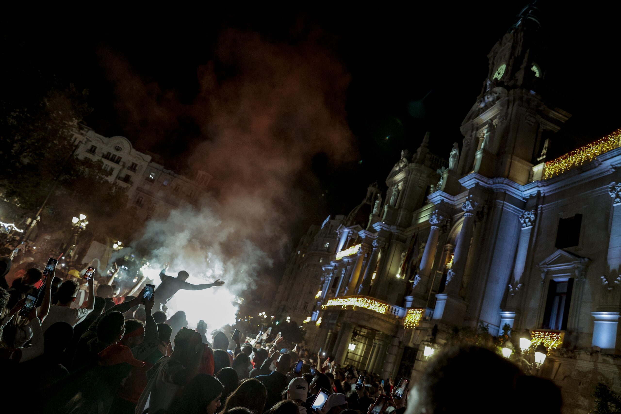 epa10359856 Supporters of Morocco celebrate their team's victory over Portugal following the FIFA World Cup 2022 quarter final soccer match between Morocco and Portugal, in Valencia, Spain, 10 December 2022.  EPA-EFE/Manuel Bruque