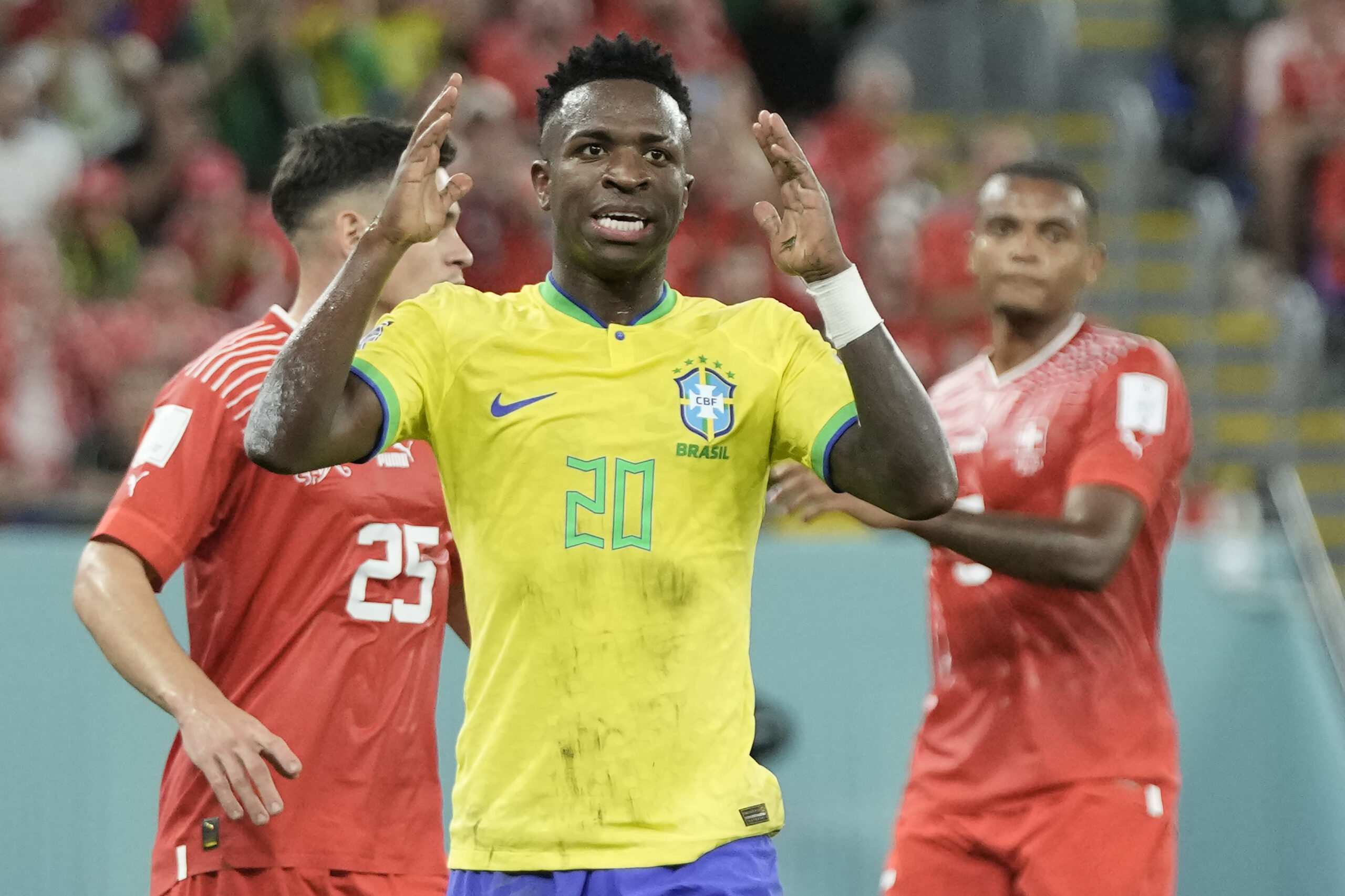 Brazil's Vinicius Junior reacts during the World Cup group G soccer match between Brazil and Switzerland at the Stadium 974 in Doha, Qatar, Monday, Nov. 28, 2022. (AP Photo/Hassan Ammar)