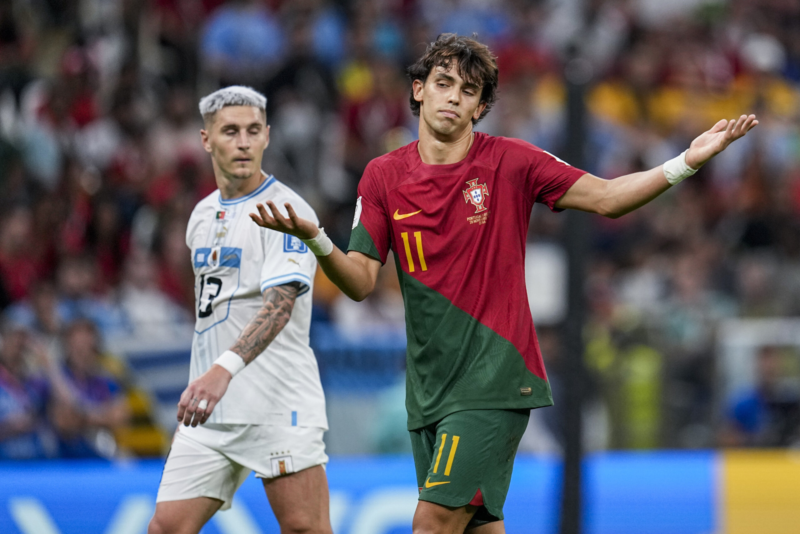 Portugal's Joao Felix reacts during the World Cup group H soccer match between Portugal and Uruguay, at the Lusail Stadium in Lusail, Qatar, Monday, Nov. 28, 2022. (AP Photo/Abbie Parr)
