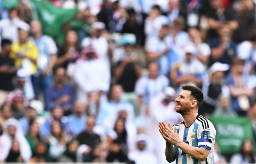epa10320154 Lionel Messi of Argentina reacts during the FIFA World Cup 2022 group C soccer match between Argentina and Saudi Arabia at Lusail Stadium in Lusail, Qatar, 22 November 2022.  EPA-EFE/Noushad Thekkayil