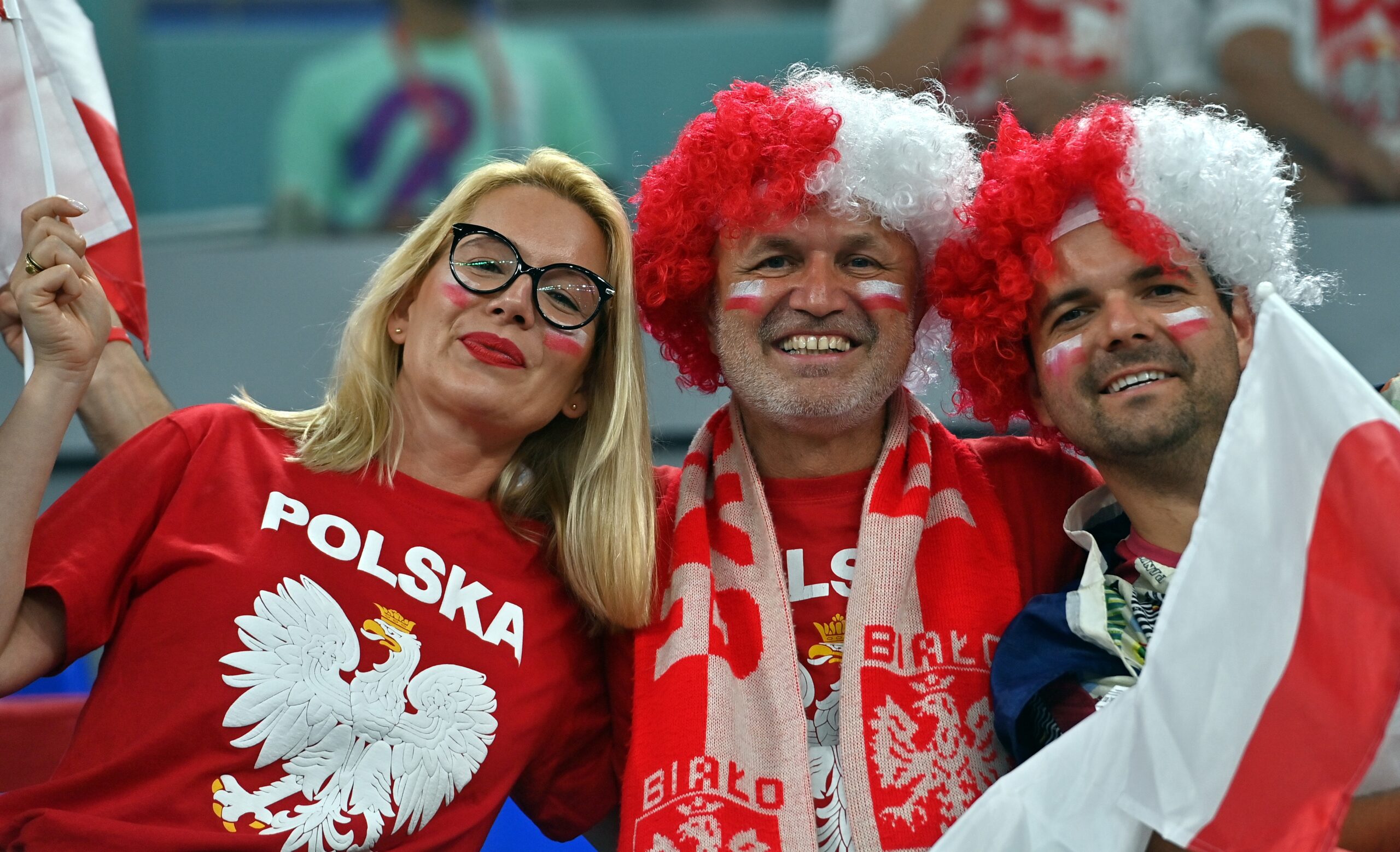 epa10320768 Supporters of Poland prior to the FIFA World Cup 2022 group C soccer match between Mexico and Poland at Stadium 947 in Doha, Qatar, 22 November 2022.  EPA-EFE/Noushad Thekkayil