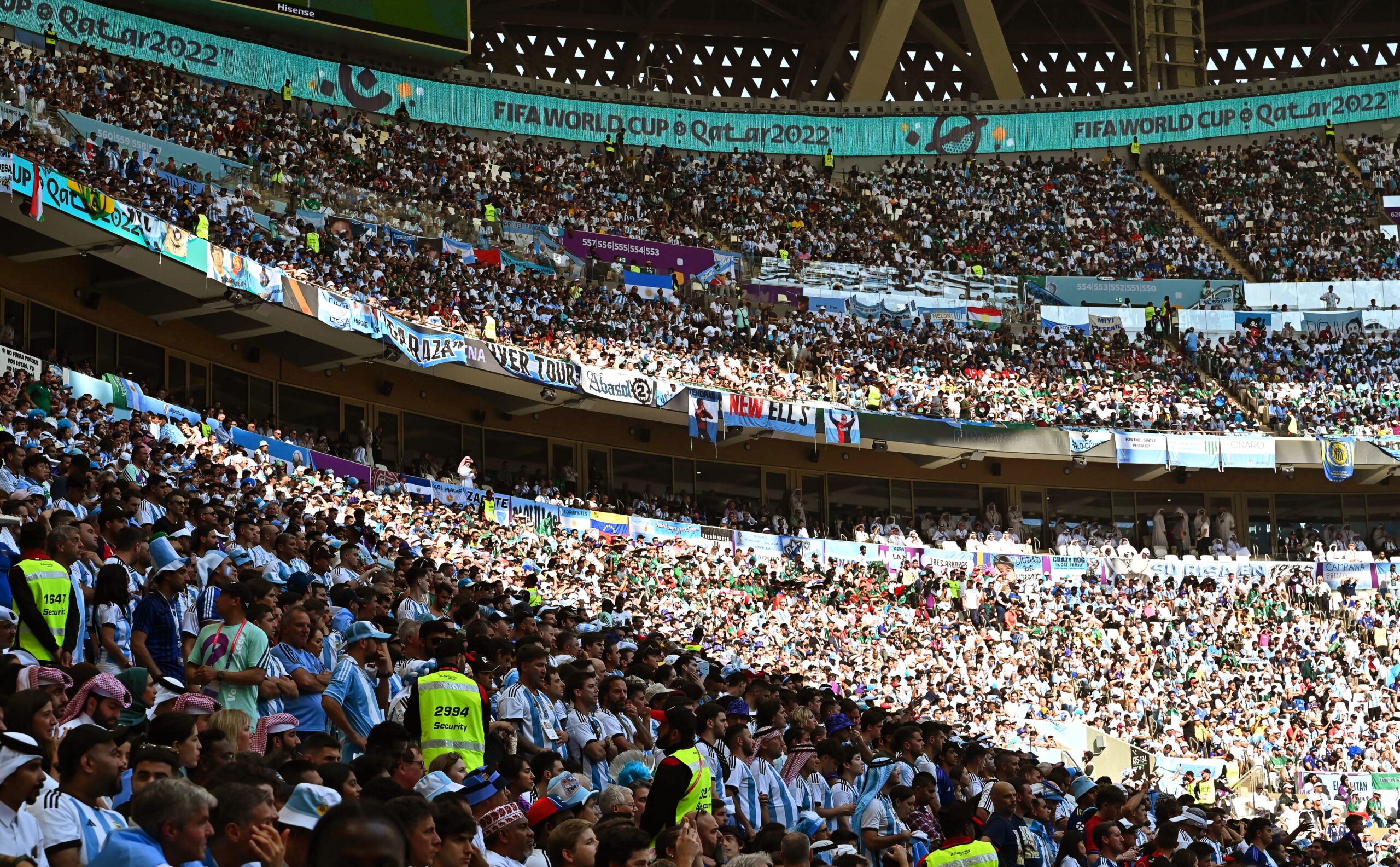 epa10319929 Fans of Argentina attend the FIFA World Cup 2022 group C soccer match between Argentina and Saudi Arabia at Lusail Stadium in Lusail, Qatar, 22 November 2022.  EPA-EFE/Noushad Thekkayil