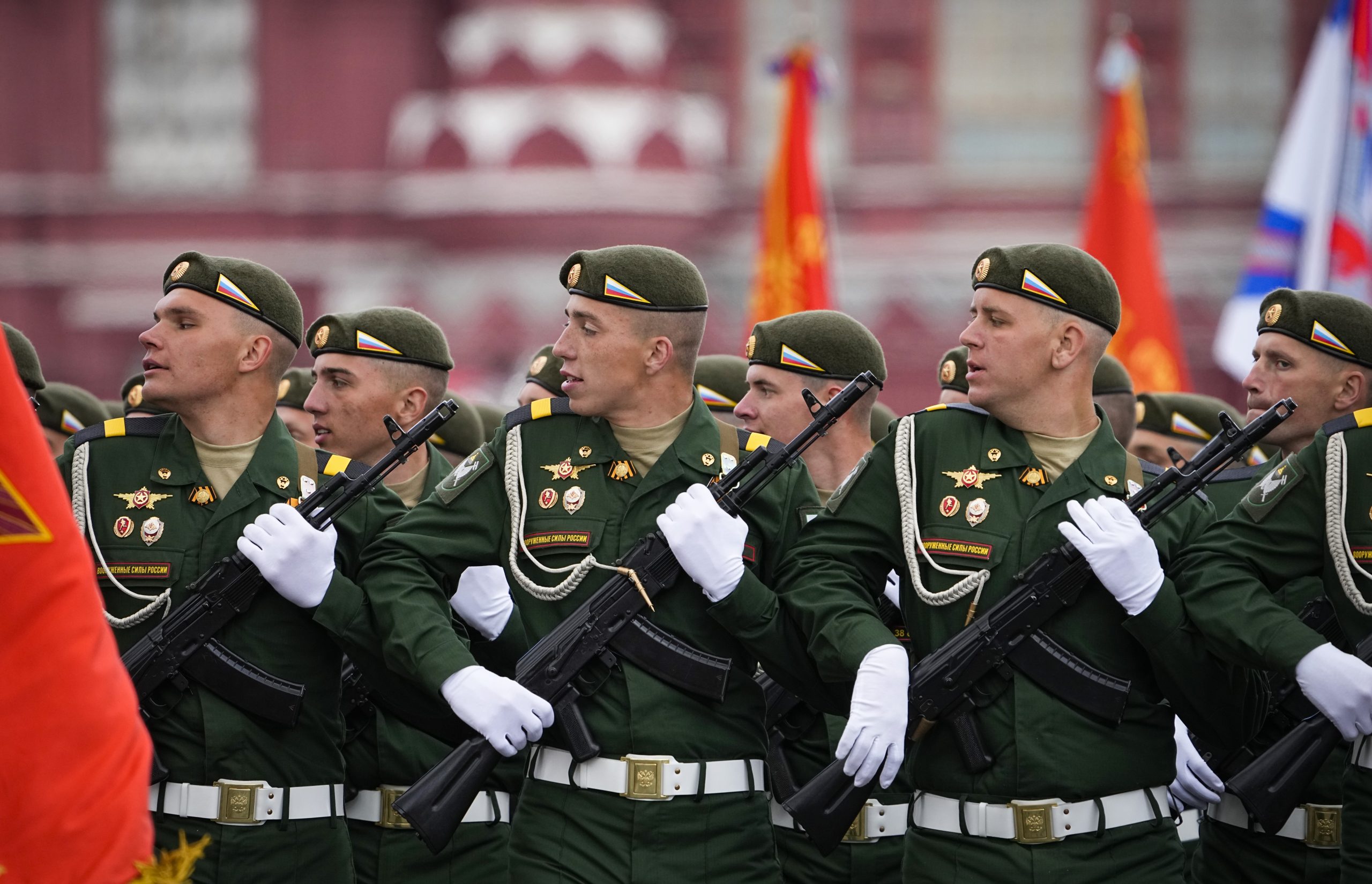 Russian servicemen march during the Victory Day military parade in Moscow, Russia, Monday, May 9, 2022, marking the 77th anniversary of the end of World War II. (AP Photo/Alexander Zemlianichenko)