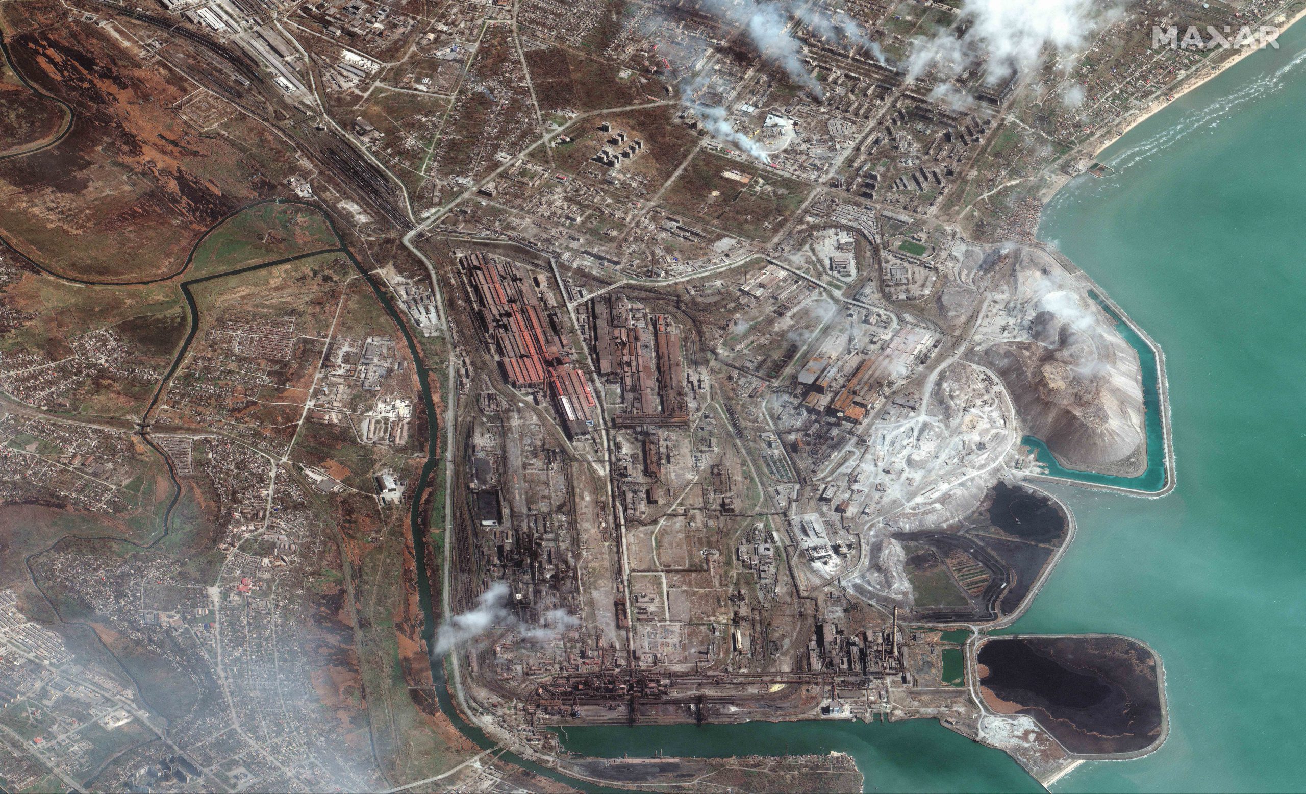This satellite image provided by Maxar Technologies shows overview of Azovstal Iron and Steel Works factory in eastern Mariupol, Ukraine, Saturday, April 9, 2022. (Satellite image ©2022 Maxar Technologies via AP)