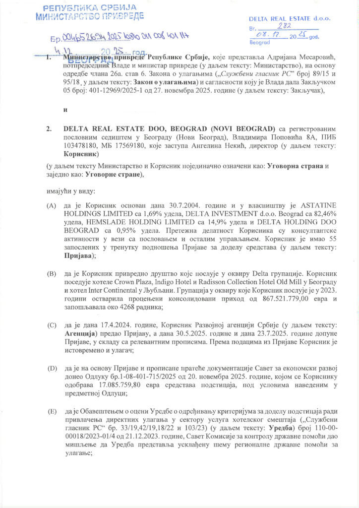 Delta real estate, Delta Distrikt, Ugovor, Interkontinental, dokument Foto: Nova.rs