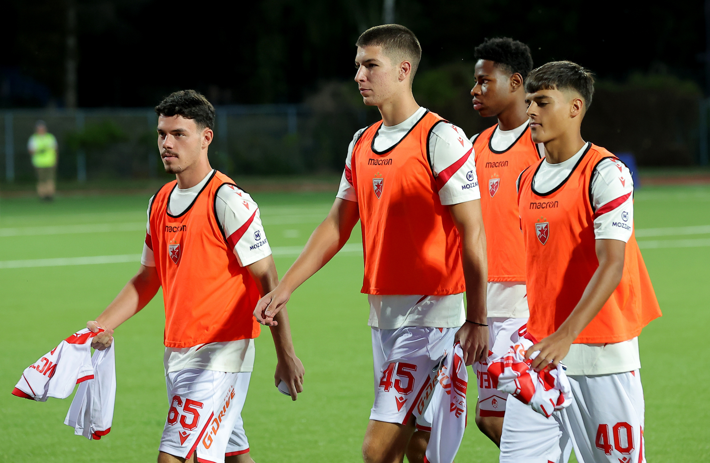 Crvena Zvezda's Gorazd Ristovski, Stefan Gudelj and Luka Zaric during Serbian Superleague football match between Mladost Lucani and Crvena Zvezda (Red Star) on August 15. 2025. in Lucani, Serbia.
(photo by Pedja Milosavljevic/STARSPORT ©)