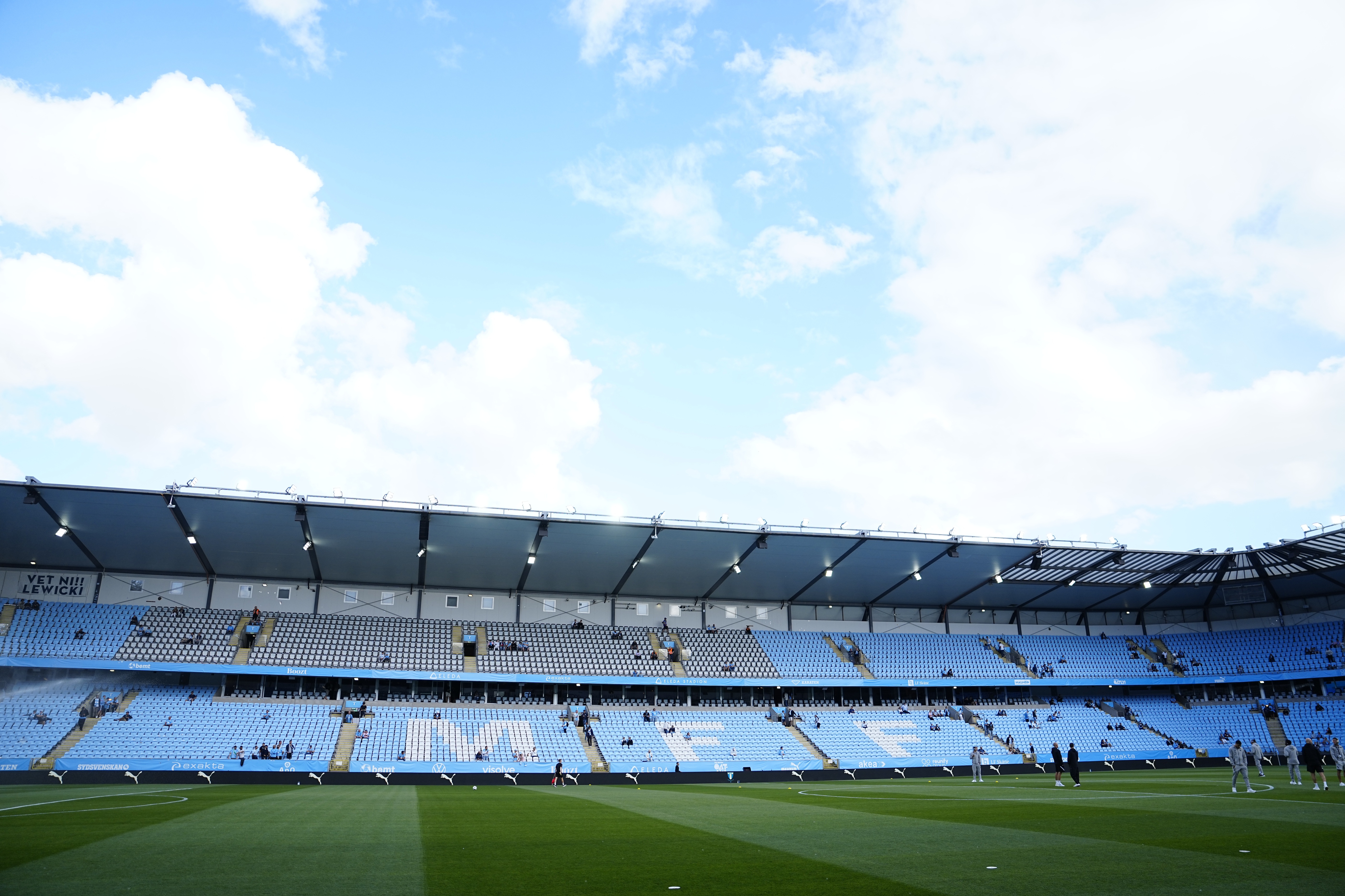 epa12284488 View of the stands prior to the UEFA Champions League third qualifying round, first leg match between Malmo FF and FC Copenhagen at Eleda Stadium in Malmoe, Sweden, 05 August 2025.  EPA/Mads Claus Rasmussen  DENMARK OUT