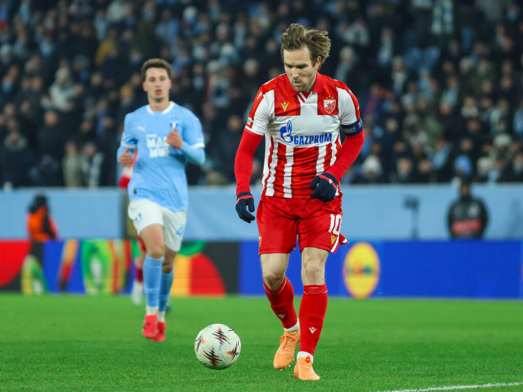 Aleksandar Katai (R) of Crvena Zvezda during the UEFA Europa League 2025/26 League Phase match between Malmo and FK Crvena Zvezda at Elado Stadium on January 22, 2026 in Malmo, Sweden. (Photo by Vatroslav Hladny/Starsport.rs ©)