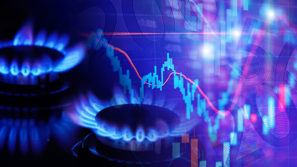 Natural gas cost growth concept with gas burners and stock charts gas pr kapital